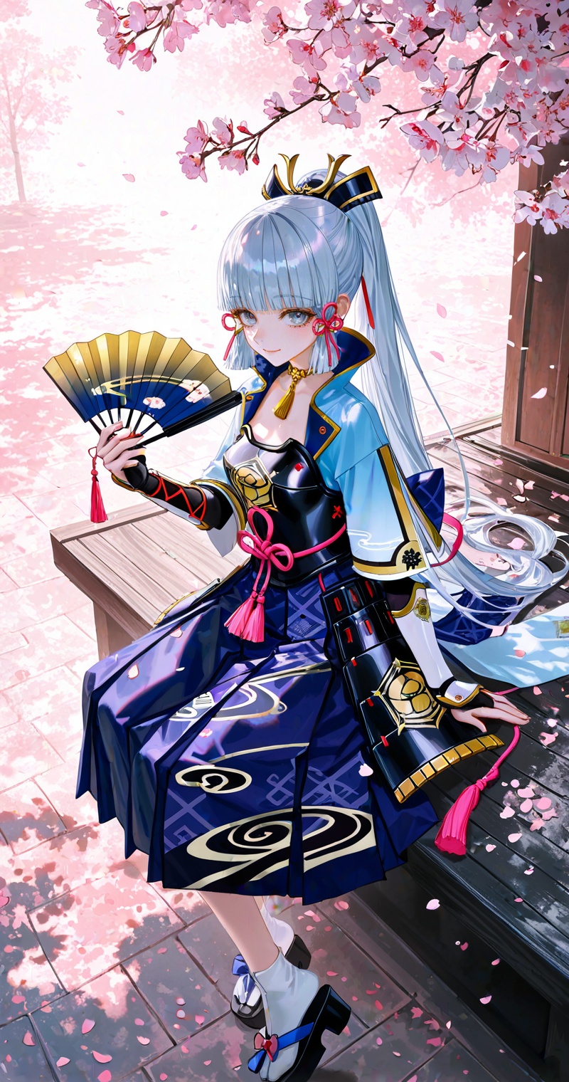 kamisato ayaka\(flawless radiance\),masterpiece,best quality,very aesthetic,absurdres,kamisato ayaka\(flawless radiance\),kamisato ayaka,1girl,solo,grey eyes,long hair,hand fan,ponytail,armor,smile,holding fan,breastplate,looking at viewer,folding fan,sitting,tabi,holding,hair ornament,grey hair,cherry blossoms,white socks,socks,blunt bangs,skirt,petals,japanese clothes,gloves,sidelocks,japanese armor,closed mouth,armored dress,ribbon,sandals,breasts,hair ribbon,light blue hair,from above,close-up details,outstanding style,adding a touch of dimension to your images without compromising details,whirls of vapor,iridescent textures,(Anime:1.1),ethereal ambiance,delicate details,magical high-concept,32K UHD,sharp focus,best-quality,masterpiece,golden hour,unconventional supreme masterpiece,masterful details,temperate atmosphere,with a high-end texture,in the style of fashion photography,photography,cover,dynamic angle,dynamic posture,(artist:quasarcake:0.8),extreme aesthetic,(wlop:0.6),(honjou raita, lack, rella:0.5, wanke),masterpiece,best quality,good quality,very aesthetic,absurdres,visual impact,a shot with tension,ultra-high resolution,32K UHD,sharp focus,best-quality,masterpiece,emotionalization,unconventional supreme masterpiece,masterful details,temperate atmosphere,with a high-end texture,in the style of fashion photography,(visual impact:1.2),giving the poster a dynamic and visually striking appearance,impactful picture,official art,colorful,splash of color,movie perspective,masterpiece,best quality,amazing quality,very aesthetic,absurdres,best quality,newest,