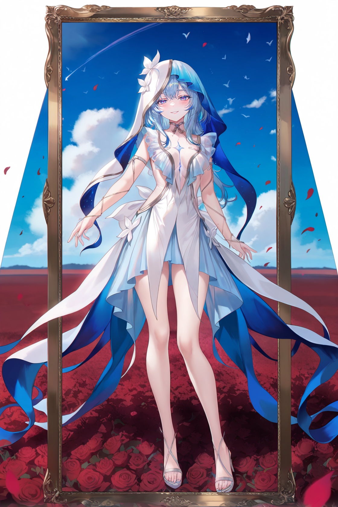 8k,best quality,masterpiece,(ultra-detailed),(high detailed skin),border,oil painting border,photo frame,frame,a carefully framed painting,(artist:ke-ta:1.25),(artist:ATDAN, artist:momoko_(momopoco):0.85),safe,extra_sharp,(perspective composition.:1.2),(bold_lines are adding to the overall style:1.2) solo,(high brightness:1.3),backlighting,rose field,outdoors,kubrick stare,1girl,contrapposto,half-closed eyes,detailed eyes,bold eyelashes,long eyelashes,nose,closed mouth,wide grin,smile,long hair,blue sky,clouds,amazing quality,masterpiece,highres,beautiful color,film grain,newest,symmetrical composition,beautiful,intricate,amazing quality,very aesthetic,absurdres,masterpiece,by anna dittmann,full body,dynamic angle,chromatic aberration,white skin,glossy skin,beautiful eyes,<lora:shouanren-noob-Tanger-000013:0.8>,white dress,veil,shouanren,default clothes,1girl,blue hair,blue eyes,dress,hood,