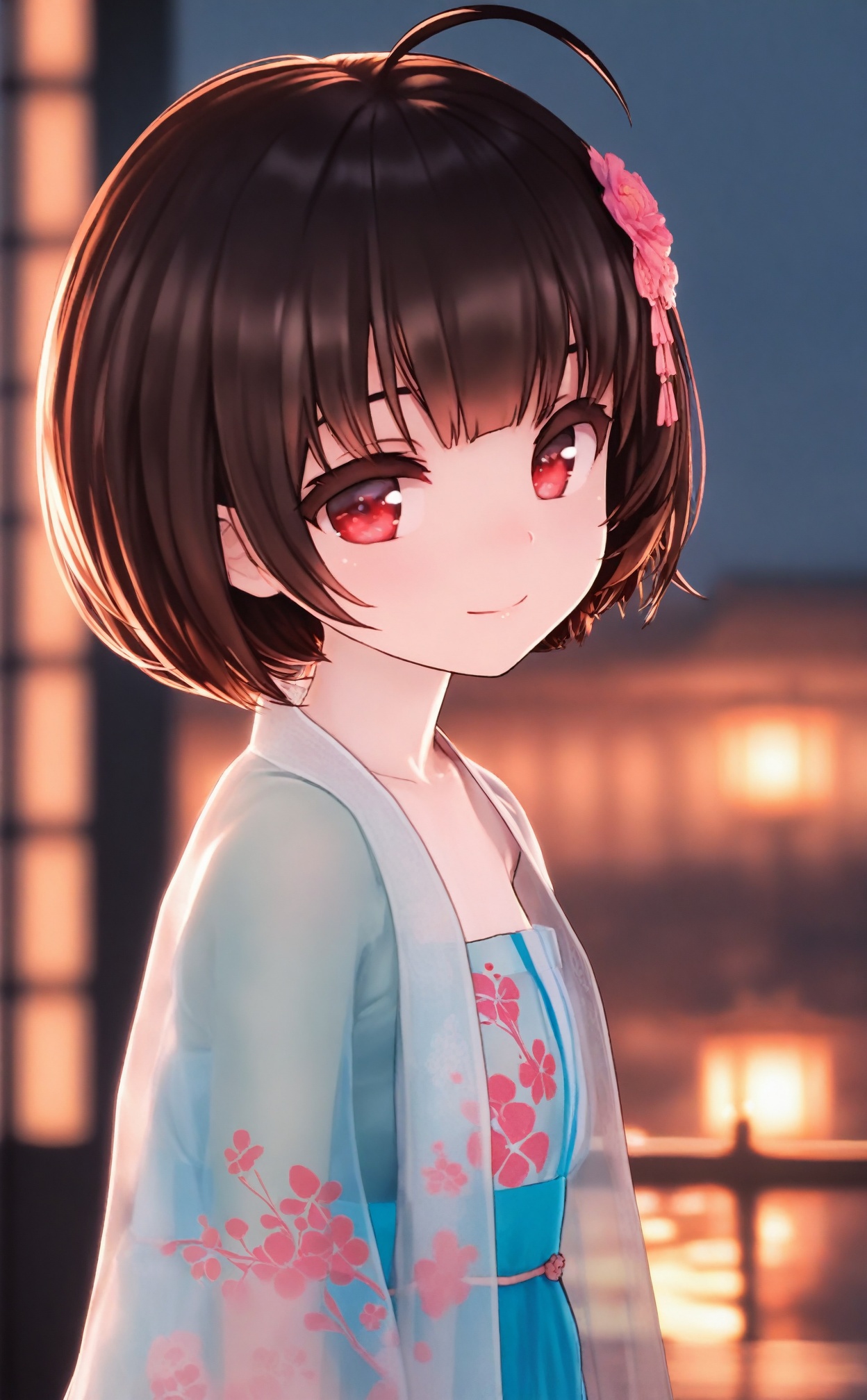 masterpiece,best quality,high quality,Cool color theme,loli,mmd Style,night,1girl,solo,red eyes,hanfu,looking at viewer,hair ornament,short hair,upper body,brown hair,blurry,ahoge,bangs,see-through,depth of field,hanfu,smile,floral print,closed mouth,pale_skin,fair_skin,depth_of_field,Volumetric Lighting,Cinematic Lighting,background light,Tyndall effect,