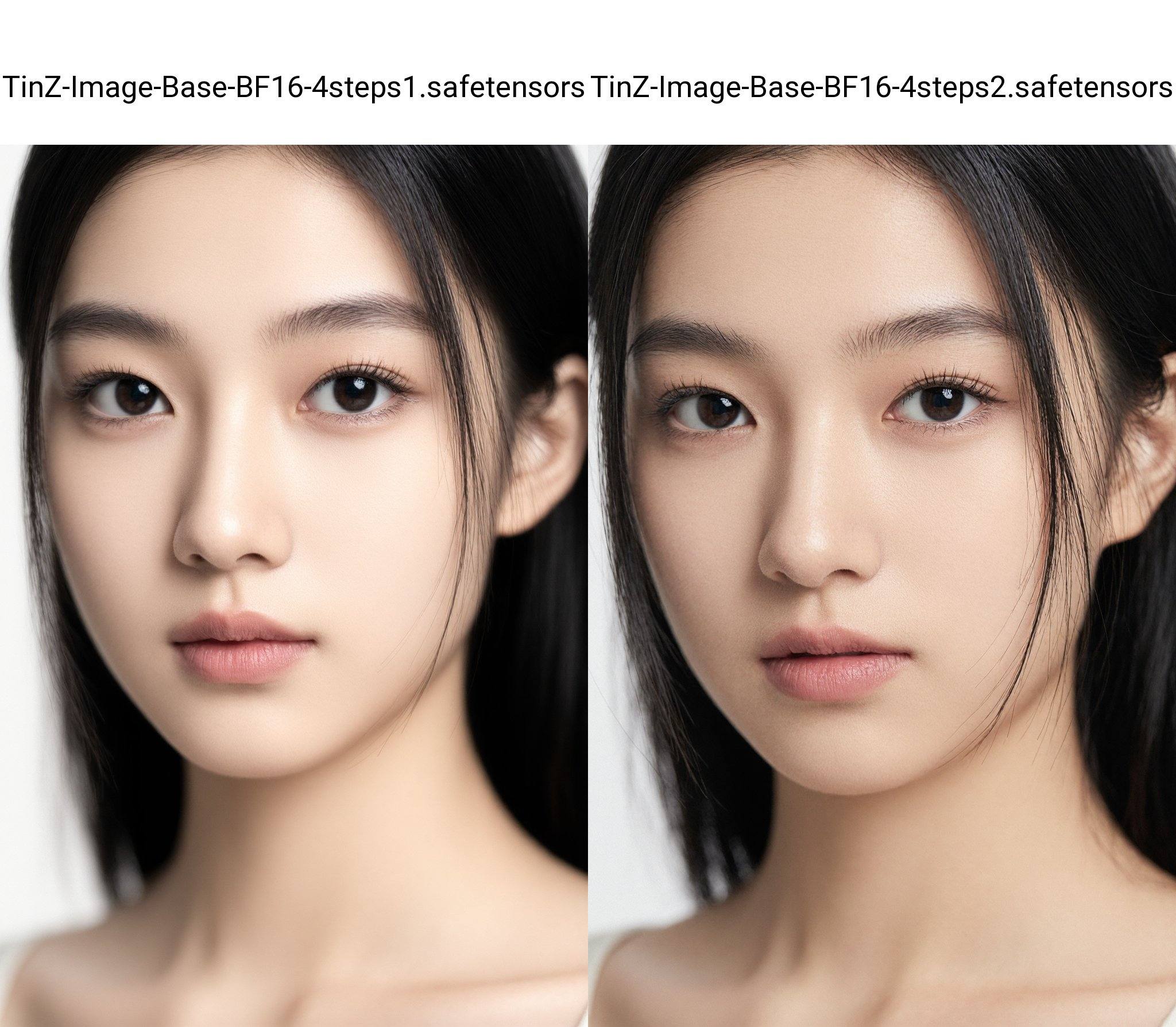 This is a photograph of a young East Asian woman with long, straight black hair framing her face. She has fair skin with a smooth complexion, and her makeup is subtle, highlighting her natural beauty. Her eyes are almond-shaped with dark, well-groomed eyebrows and long, black eyelashes. Her lips are full and slightly parted, showing a natural pink hue. The background is plain white, making her facial features stand out prominently. The lighting is soft, enhancing her clear skin and giving a gentle glow to her complexion.