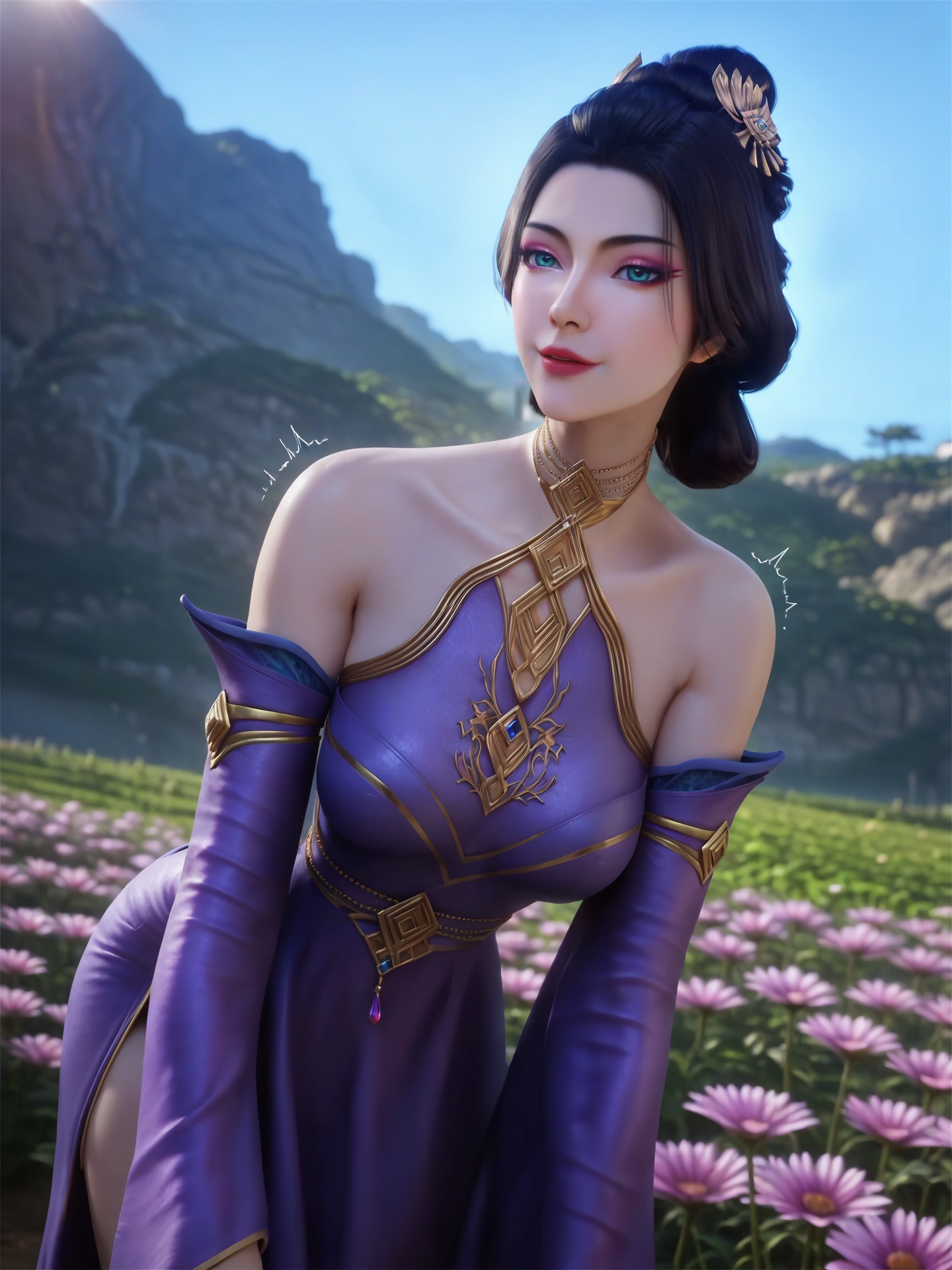 fanjingmei,realistic,score_9,score_8_up,score_7_up,8k,4k,(8k, RAW photo, best quality, masterpiece:1.2),ultra-detailed,extremely detailed cg 8k wallpaper,ultra-high res,<lora:fanjingmeiXL:0.7>,1girl,solo,looking at viewer,from below,jewelry,hair ornament,detached sleeves,hair bun,bare shoulders,purple dress,blue eyes,focus on face,bent_over,flower field,outdoors,thighs,standing,twitching,spasm,trembling,