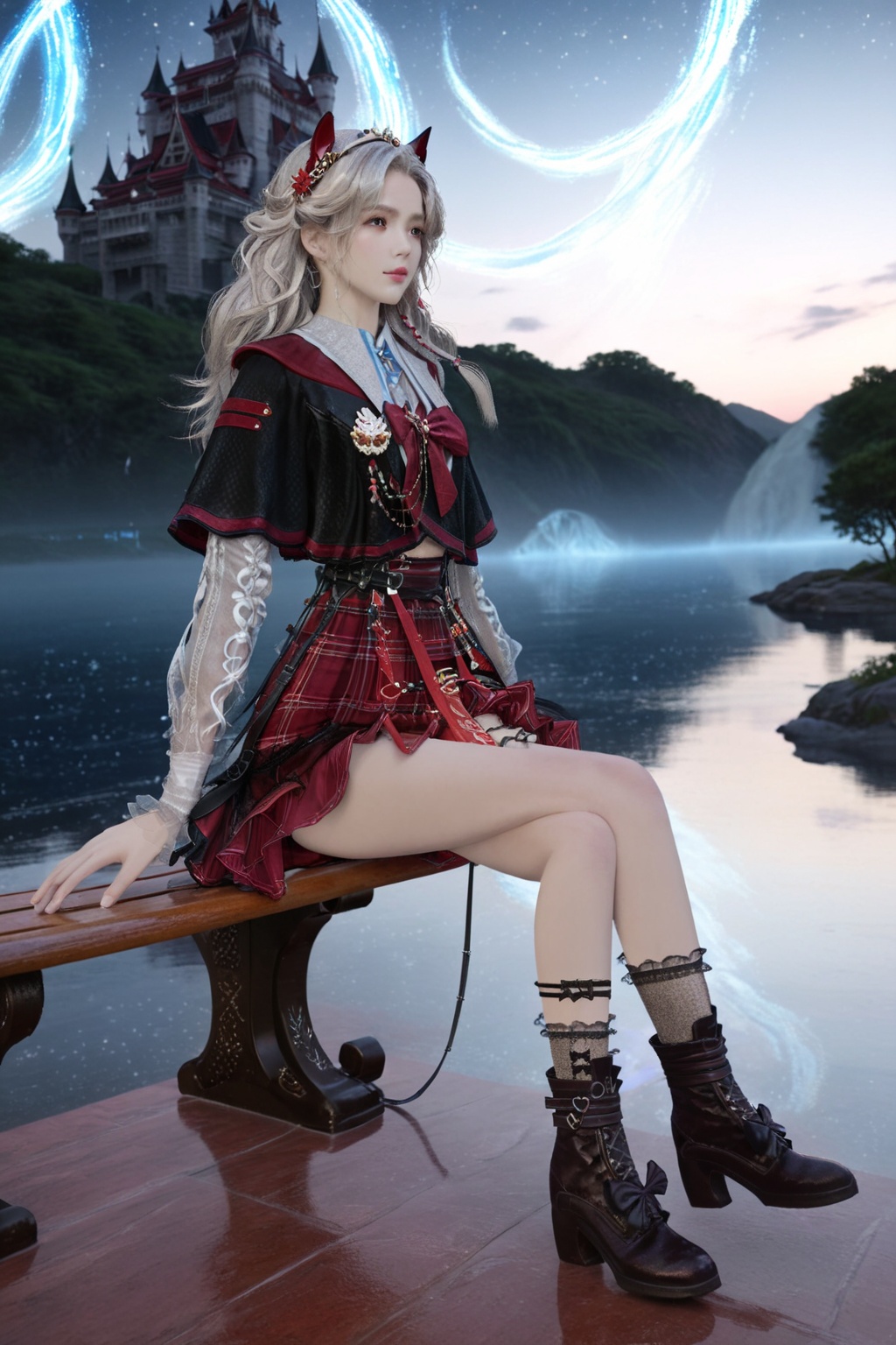 <lora:foxjk-xl-v5:1>,foxjk,1girl,full body,beautiful detailed glow,sit_on_bench,from_side,looking_away,detailed ice,beautiful detailed water,(floating palaces:1.2),(starry tornado:1.4),starry Nebula,beautiful detailed sky,fine_fabric_emphasis,shiny long hair,black Headdress,bowknot,(hair ornament),(hair flower),cross-laced footwear,building architecture,starry sky,outdoors,(castle),