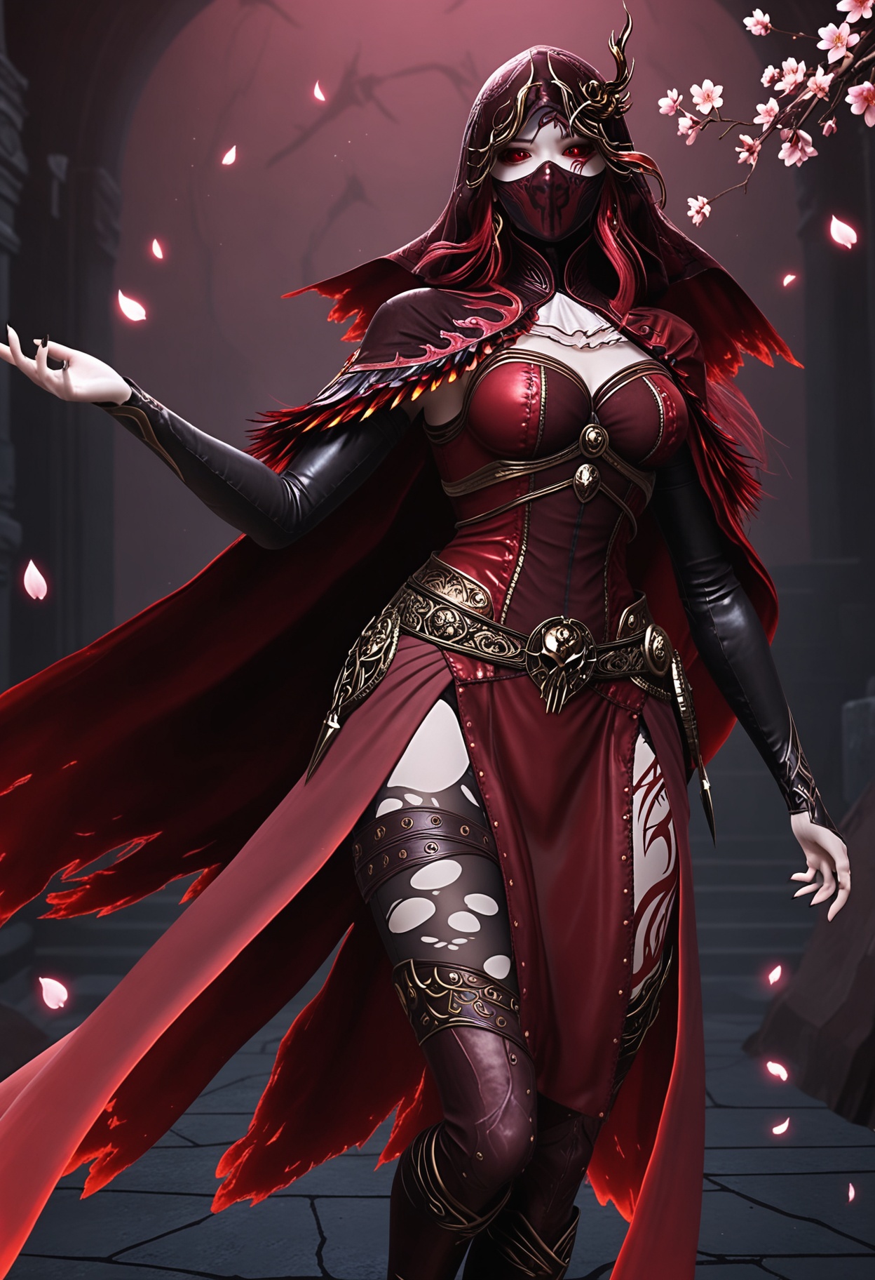 (upper_body:1.2),(looking at viewer:1.1),masterpiece,(best quality),smog,Dark room,dim lighting,peach blossom,falling petals,<lora:YQ_Illustrious光辉v5_马小桃_服装2_V1:0.8>,q1528437228,1girl,solo,long hair,red hair,red eyes,dress,cape,belt,boots,jewelry,red dress,thighhighs,earrings,colored sclera,black sclera,high heels,torn clothes,tattoo,red cape,ascot,brown eyes,facial mark,gloves,armor,helmet,horns,glowing eyes,red sclera,thigh boots,high heel boots,white ascot,cloak,black footwear,mouth mask,mask,hood up,veil,hood,