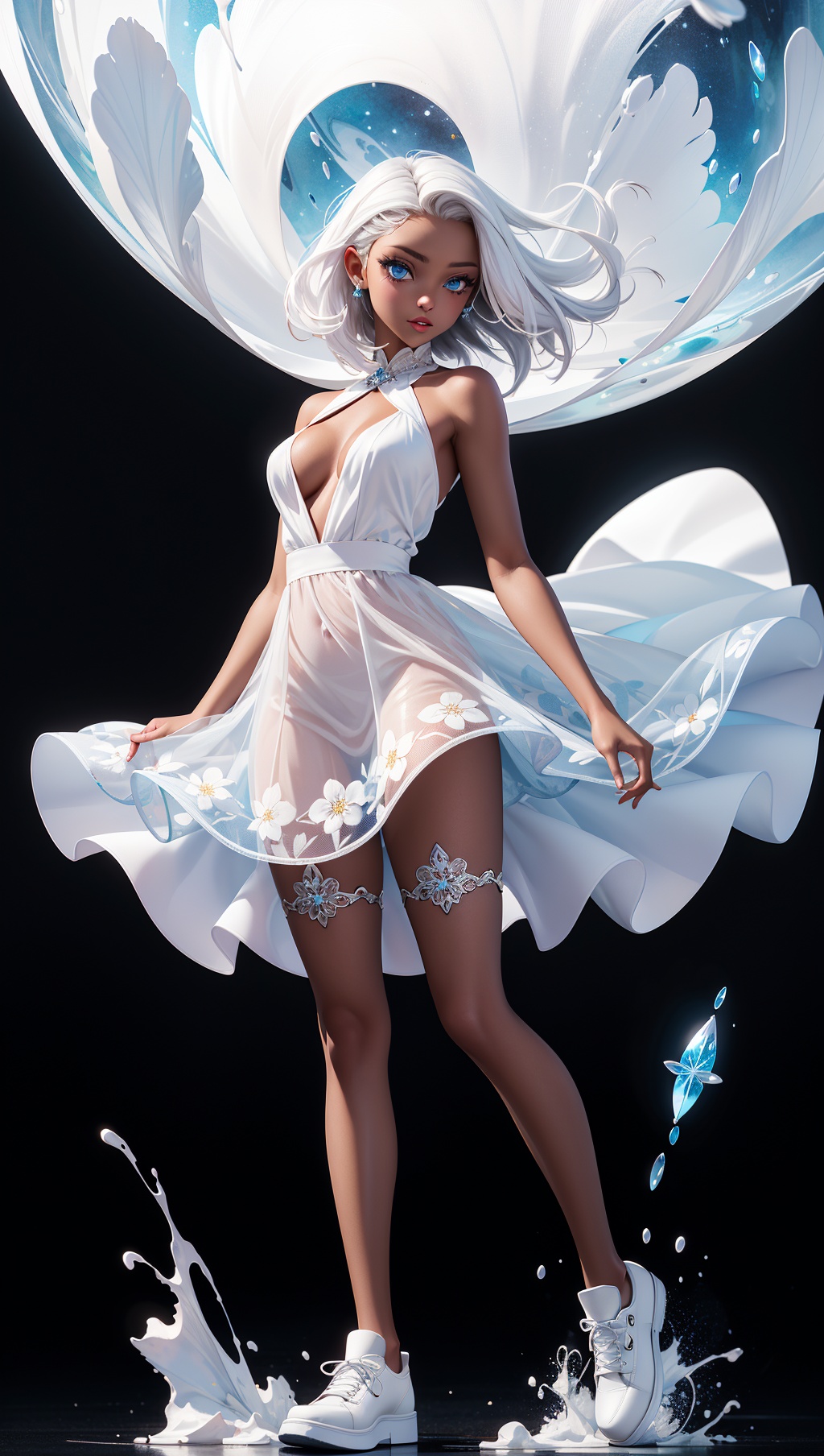 a woman with white hair and blue eyes,  in a white dress with a black background and a splashs of paint all over,  Celesti...