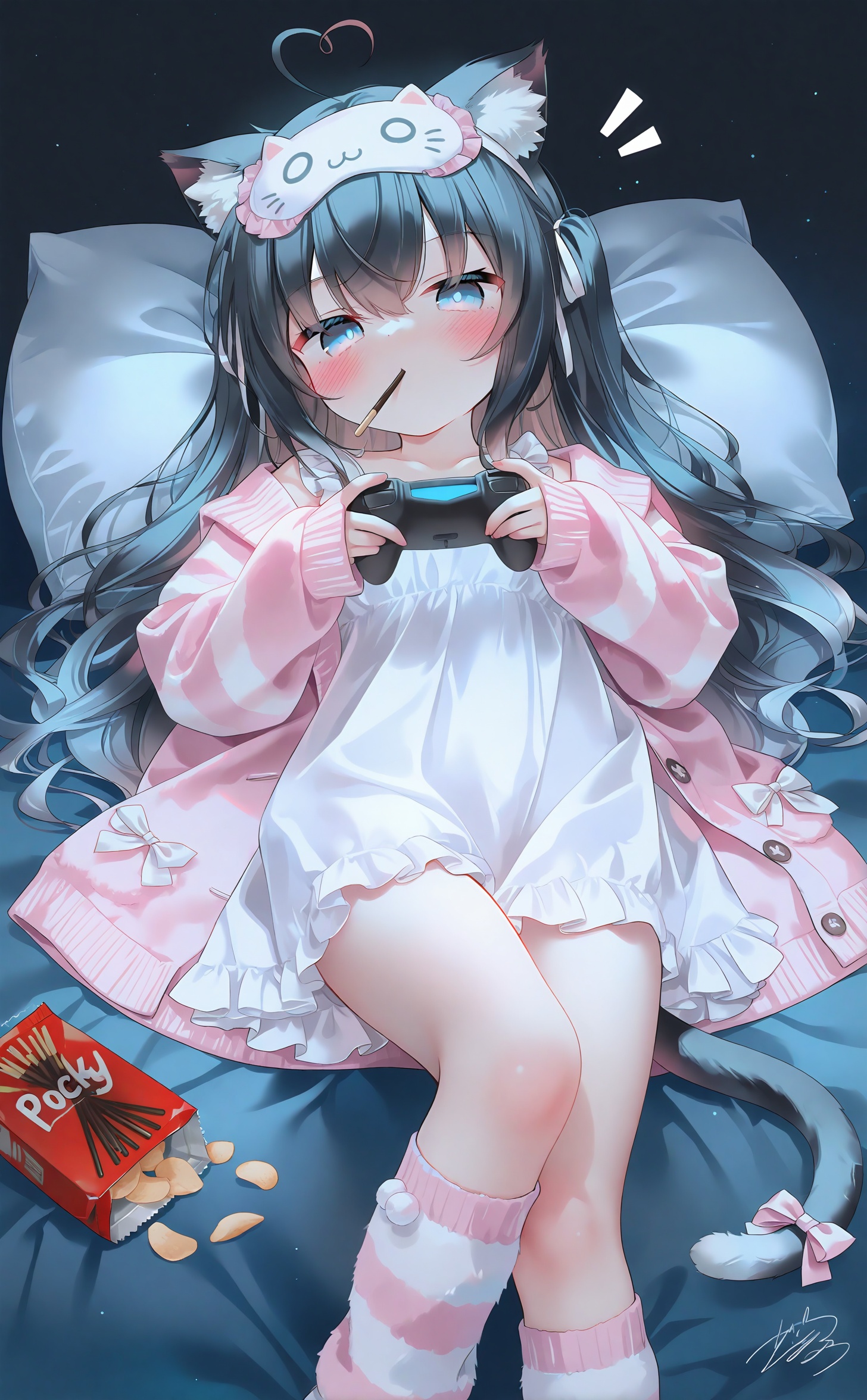 masterpiece,absurdres,best quality,high quality,chromatic_aberration,night,darkness,black theme,photorealistic,high contrast,high saturation,loli,loli,loli,//,sleep mask, 1girl, controller, animal ears, heart tail, cat tail, tail, blue eyes, game controller, cat girl, cat ears, food, mask on head, striped socks, virtual youtuber, sleeves past wrists, holding controller, long hair, pink cardigan, sleeves past fingers, eye mask, cardigan, black hair, looking at viewer, solo, heart, mask, mouth hold, holding game controller, animal ear fluff, holding, open cardigan, hair ornament, socks, white dress, pocky, tail ornament, chips (food), food in mouth, ahoge, dress, blush, hair between eyes, pillow, pocky in mouth, striped clothes, long sleeves, bow, notice lines, two side up, lying, open clothes, signature, potato chips, bag of chips, on back, loose socks, feet out of frame, loungewear, pink jacket, tail bow, heart ahoge, leg warmers<lora:Nai4 gzc:1>,