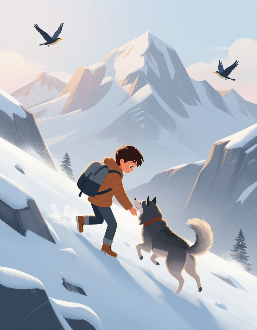 "Digital art painting,  dynamic and heartwarming,  a boy and a husky dog climbing a snowy mountain on Tensor.Art
