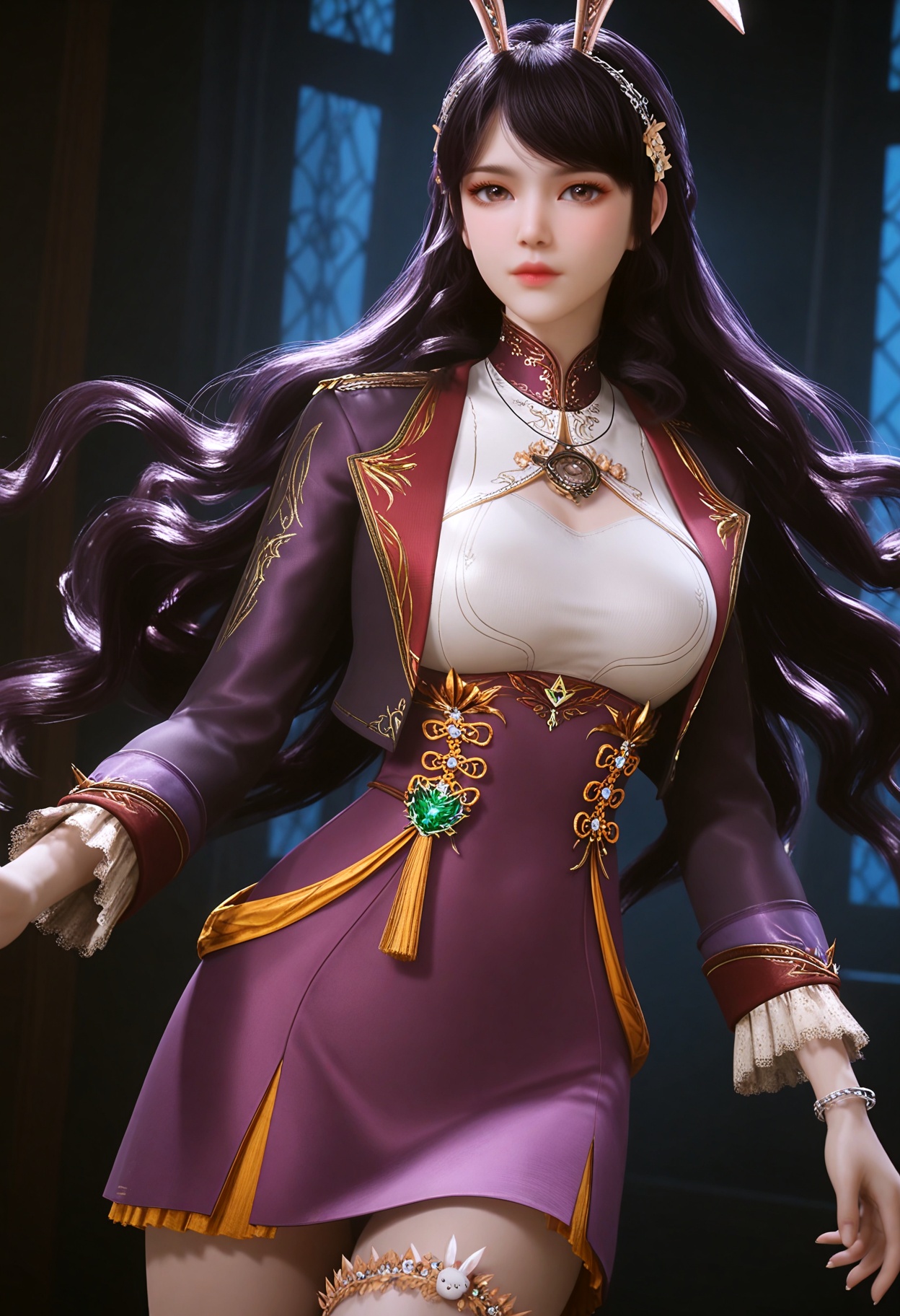 upper_body,(gigantic breasts:0.6),(slender:1.3),(looking_at_viewer:1.1),(masterpiece:1.1),(best quality:1.2),(intricate details),(smog:1.3),(Dark room:1.3),(dim lighting:1.3),<lora:YQ_Illustrious光辉v5_江楠楠_V1:0.8>,(q1528437228:1.3),solo,1girl,long_hair,black_hair,brown_eyes,realistic,brown_hair,hair_ornament,rabbit_ears,animal_ears,jewelry,flower,hair_flower,hairband,skirt,long_sleeves,fake_animal_ears,purple_skirt,tiara,very_long_hair,anklet,crown,necklace,pantyhose,thighhighs,gem,purple_dress,masterpiece,(best quality),(intricate details:0.9) BREAK (intricate details:0.9),(realistic skin:1.2),masterpiece,best quality,newest,absurdres,hiahres,