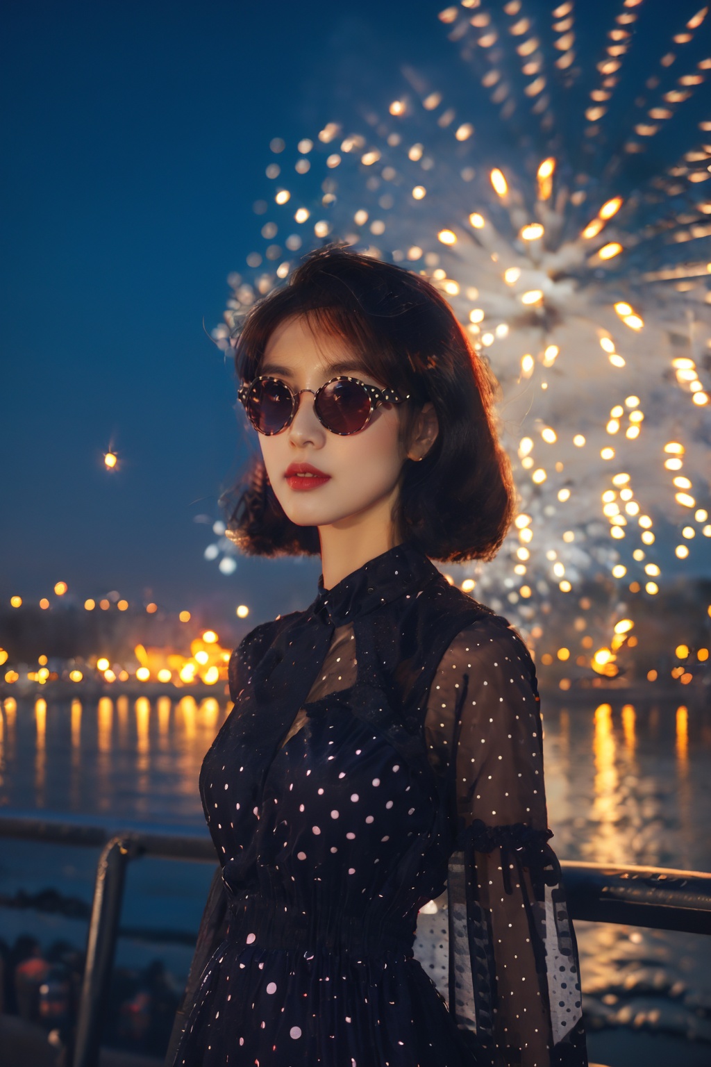 solo,1girl,dress,black hair,realistic,upper body,looking at viewer,elegant girl,(Retro_polka_dot_dress:1.4),(Vintage_sunglasses:1.3),fire,fireworks,night,<lora:disillusion · fireworks:1>,