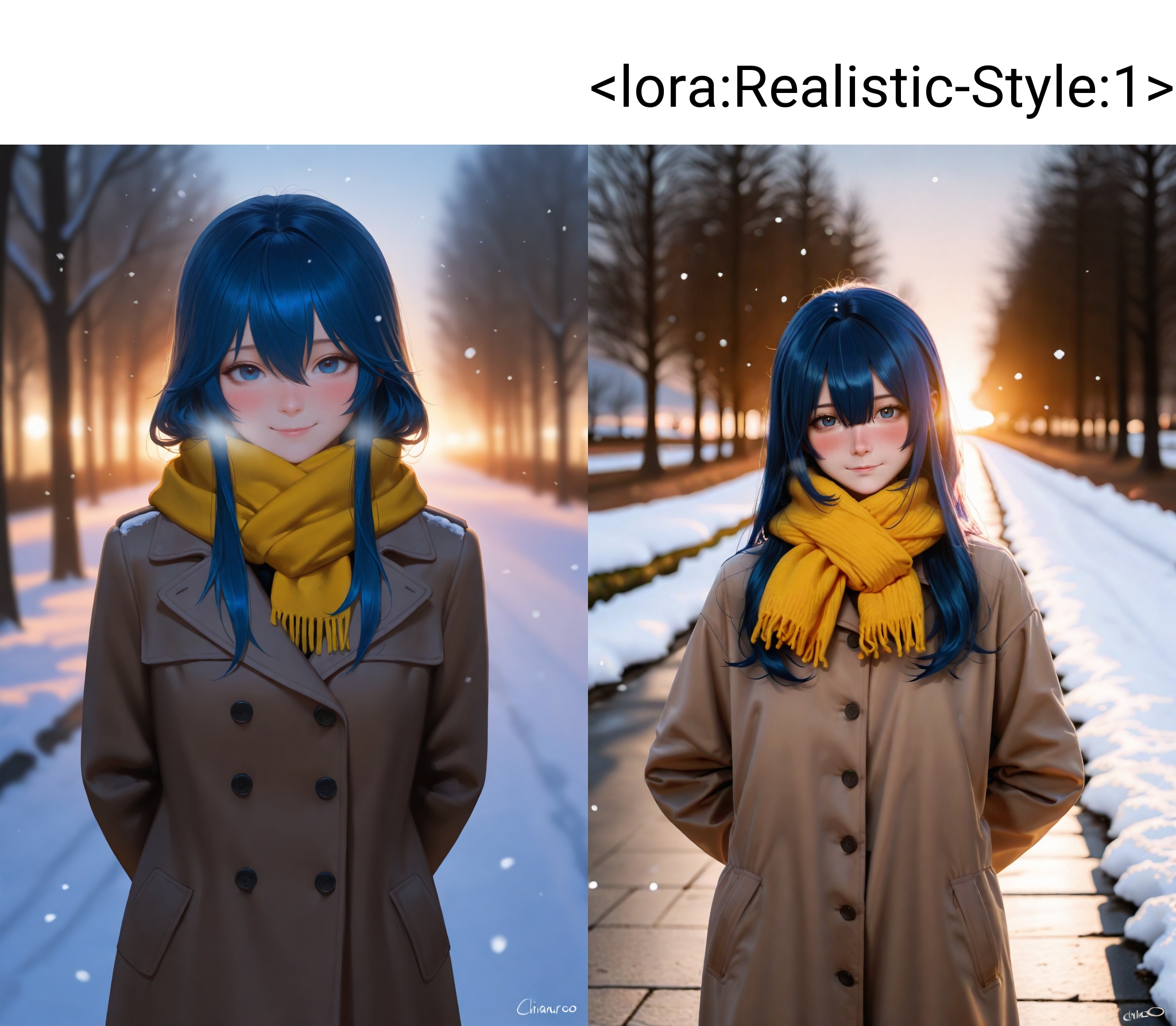 highres,absurdres,Visual impact,masterpiece,best quality,very aesthetic,amazing quality,newest,(realistic:1.3),(reality:1.3),(chiaroscuro:1.3),volumetric lighting,cinematic lighting,Natural Light,Mood Lighting,ray tracing,1girl,scarf,solo,blue hair,outdoors,smile,coat,bangs,long hair,yellow scarf,hair between eyes,blue eyes,looking at viewer,closed mouth,winter,blurry,snow,arms behind back,tree,snowing,buttons,signature,blush,blurry background,road,street,sunset,