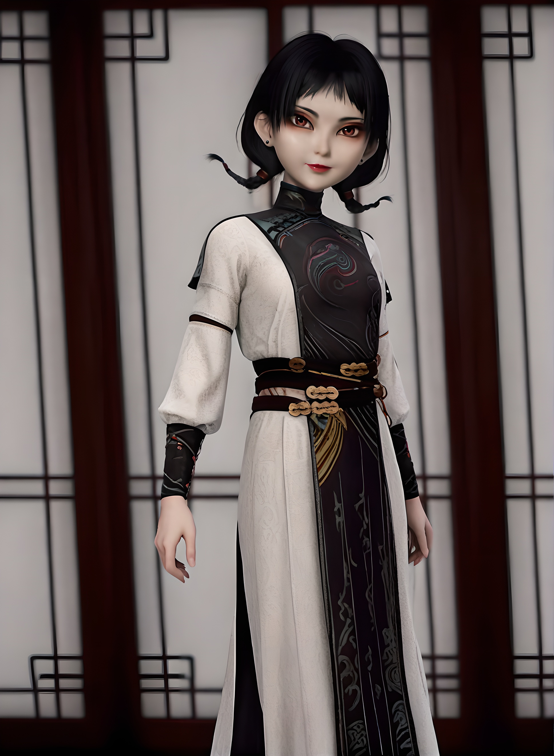 fair_skin,white_skin,Ivory_skin,score_9,<lora:SF_AJie_Pony_Realism-000003:0.72>,dress,chinese clothes,black hair,bangs,braid,1girl,breasts,standing,short hair,makeup,earrings,long sleeves,solo,looking at viewer,simple background,