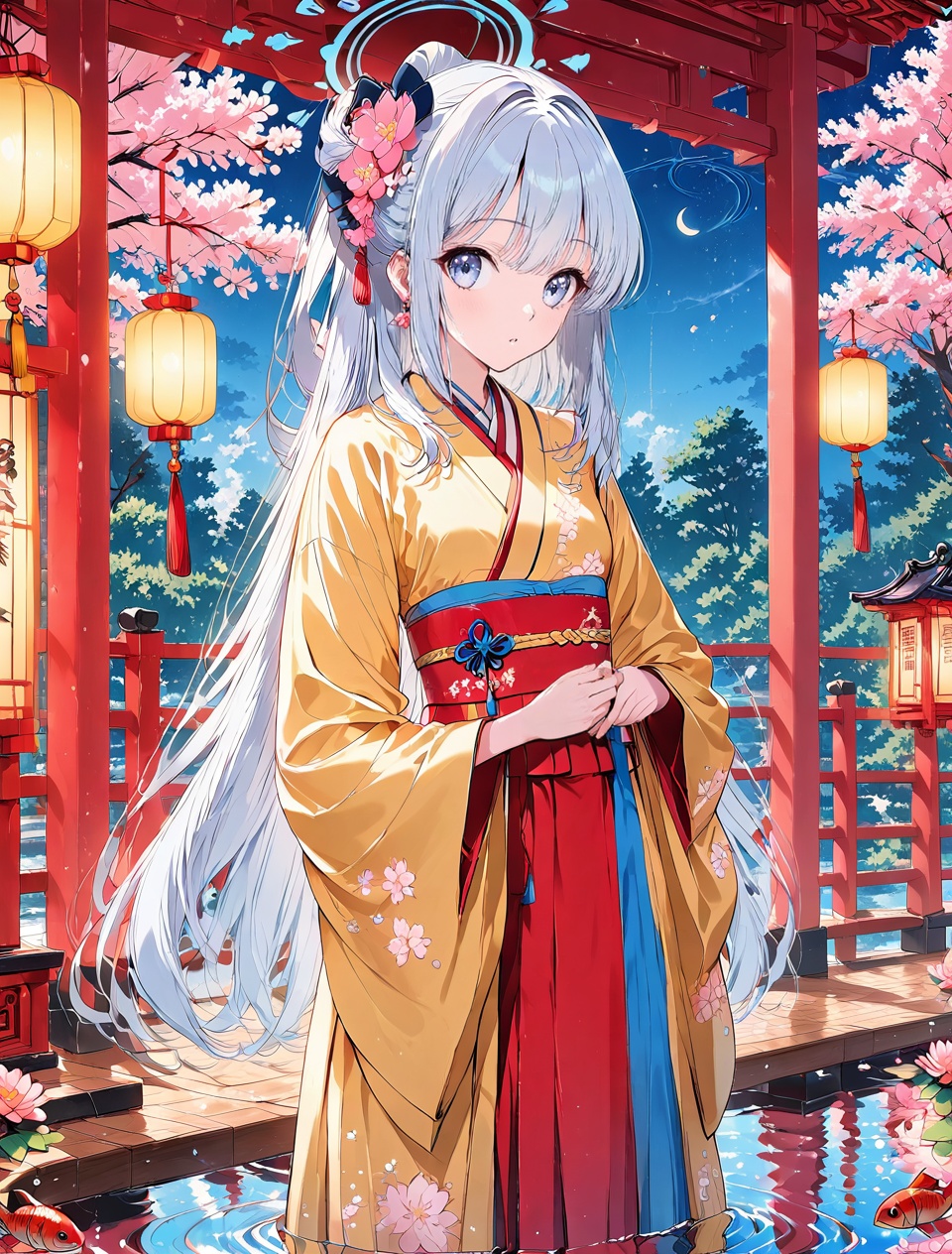 Miyako (blue archive),O,Hanfu,Miyako (blue archive), Hanfu, cross collar, waist-length blouse, ice blue, moon white, cherry blossom pattern, star and moon pattern, silver thread sash, jade pendant tassel, white jade waistband, long black hair, white jade hairpin, crystal earrings, standing posture, full body, looking straight ahead, hands folded, wide sleeves hanging down, pond, wooden boardwalk, spring water, water lilies, koi fish, ripples, reflection, pink cherry blossom tree, lantern, warm light, spring breeze, line drawing, 8K, full body, (UHD), anatomically correct, accurate, textured skin, super detail, high details, award winning, best quality, high quality, retina, HD, 16k, 1080P