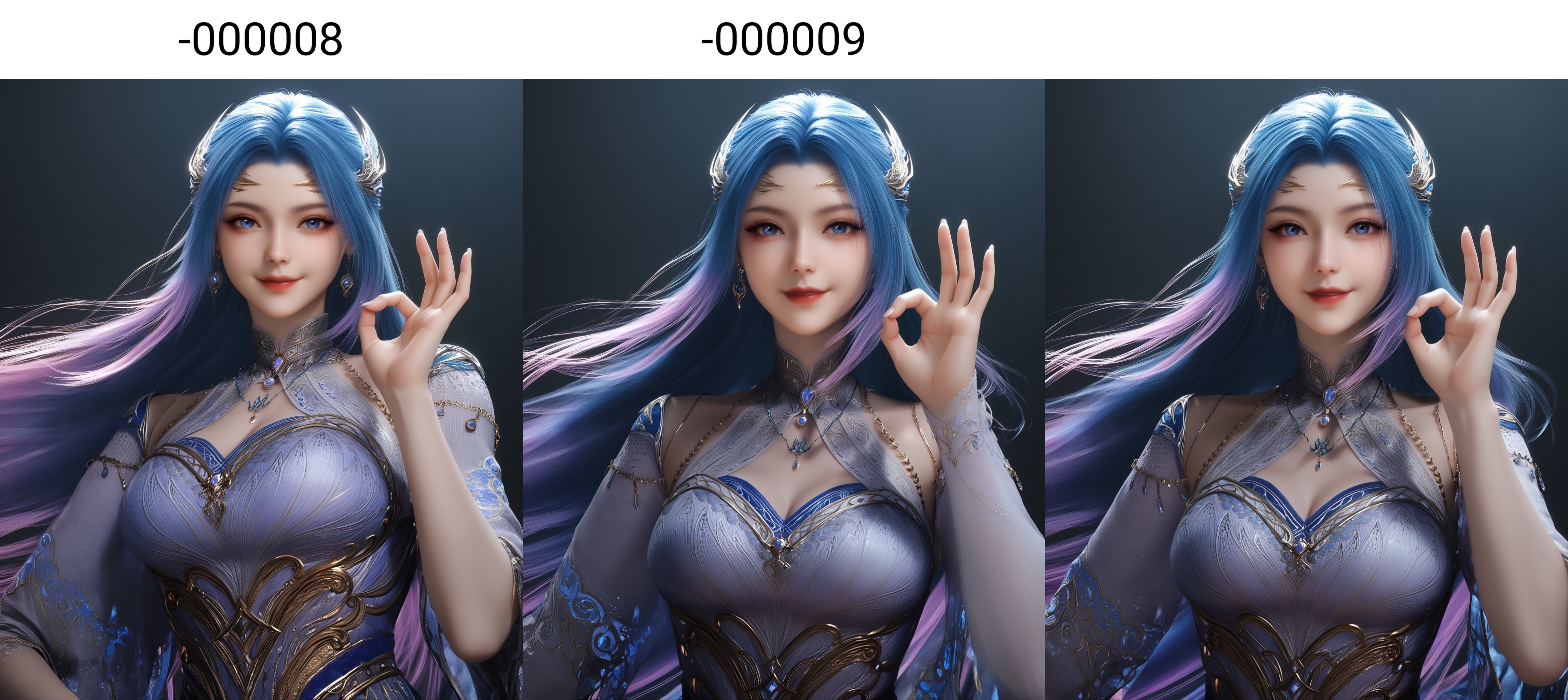 masterpiece,best quality,absurdres,highres,BREAK(glamor:1.1),slender,1girl,solo,<lora:唐舞桐-ill-000008:0.82>,long hair,blue hair,hair ornament,gradient hair,blue eyes,jewelry,earrings,necklace,(seductive_smile:1.1),evil smile,high collar,clothing cutout,dress,detached sleeves,(large breasts),looking at viewer,front view,upper body,(ok sign),BREAKsimple background,black background,rim light,Tyndall effect,Volumetric Lighting,Cinematic Lighting,realistic,