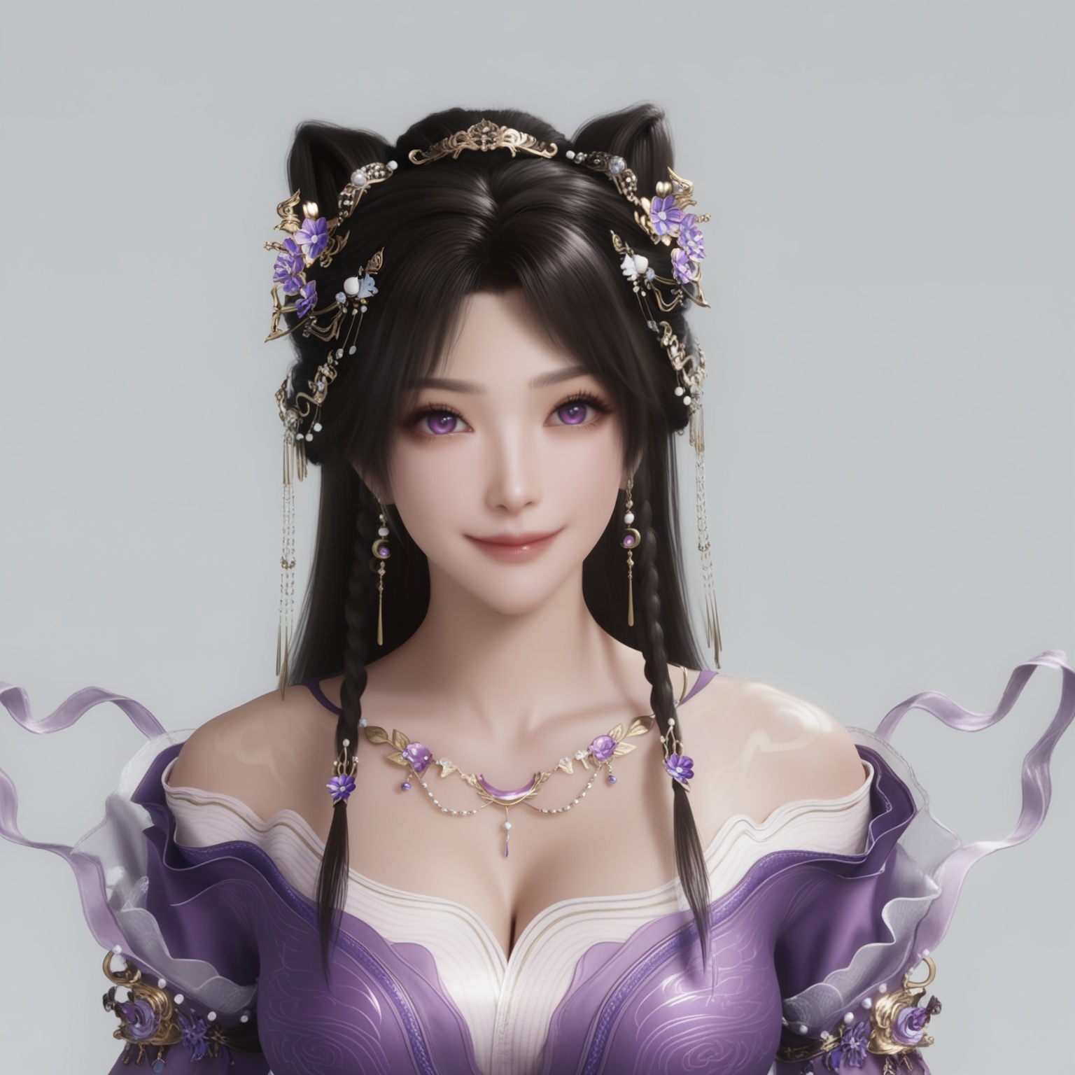 (score_9),light smile,1girl,solo,<lora:姬紫月-Apony:0.8>,jiziyue,jewelry,hair ornament,black hair,hair flower,long hair,double bun,braid,earrings,off-shoulder dress,purple dress,necklace,purple eyes,collarbone,cleavage,large breasts,BREAKsolo focus,upper body,front view,(light_skin),(white_skin),BREAKsimple background,white background,