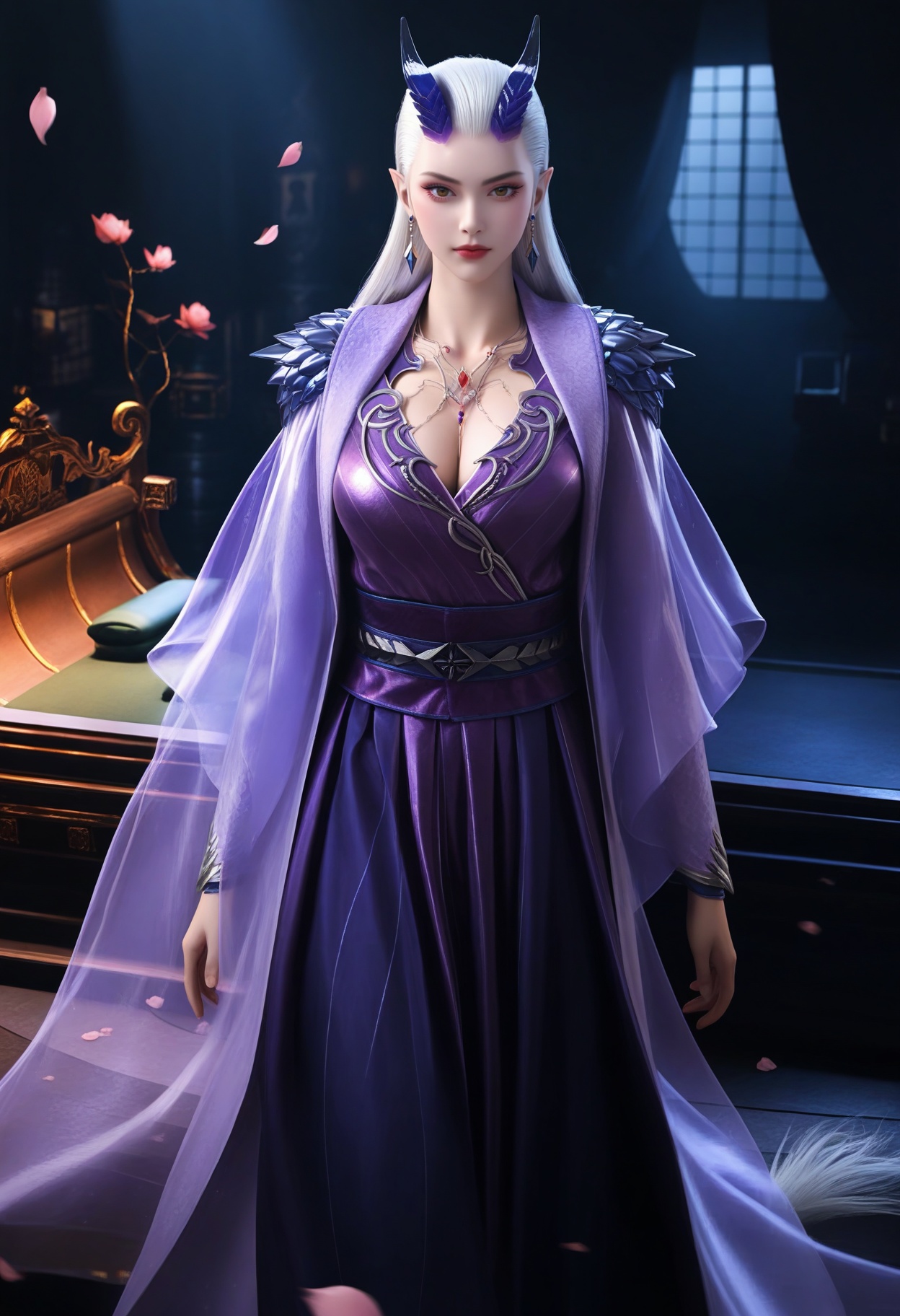 masterpiece,best quality,amazing quality,very aesthetic,high resolution,ultra-detailed,absurdres,scenery,photorealistic,(looking at viewer:1.1),upper body,(Dark room:1.3),(moody lighting:1.1),peach blossom,falling petals,(large breasts:0.8),monasuo,1girl,solo,white hair,long hair,jewelry,horns,earrings,pointy ears,necklace,closed mouth,dress,makeup,purple dress,long dress,long sleeves,red lips,brown eyes,barefoot BREAK photorealistic details,<lora:QQSillmonasuoV1:0.8>,