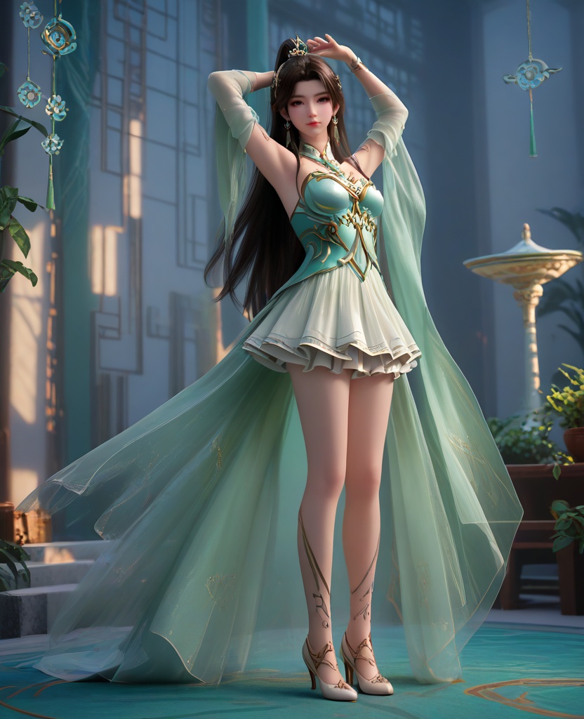 (oriental architecture, elegant decor, sophisticated style:1.1),(With arms raised and fingers intertwined above her head, stretching upwards, she channels energy and rejuvenation:1.1),looking at viewer,(breasts:1.2),<lora:XL16斗破苍穹古薰儿:0.95>,miss guxuner,celadon corset,aloes green miniskirt,gray eyes,pink eyeshadow,black hair,tiered high ponytail with long front strands,super long hair,hair ornament,earrings,jewelry,detached collar,green sash,sheer fabric overskirt,cyan fart curtain,spiral foot decoration,high heels,, score_9,score_8_up,score_7_up,score_6_up,score_5_up,score_4_up,3d rendering,tag1,tag2, Cinematic Lighting,backlighting,, zPDXL3, zPDXL2,zPDXL, zPDXLxxx, zPDXLrl,