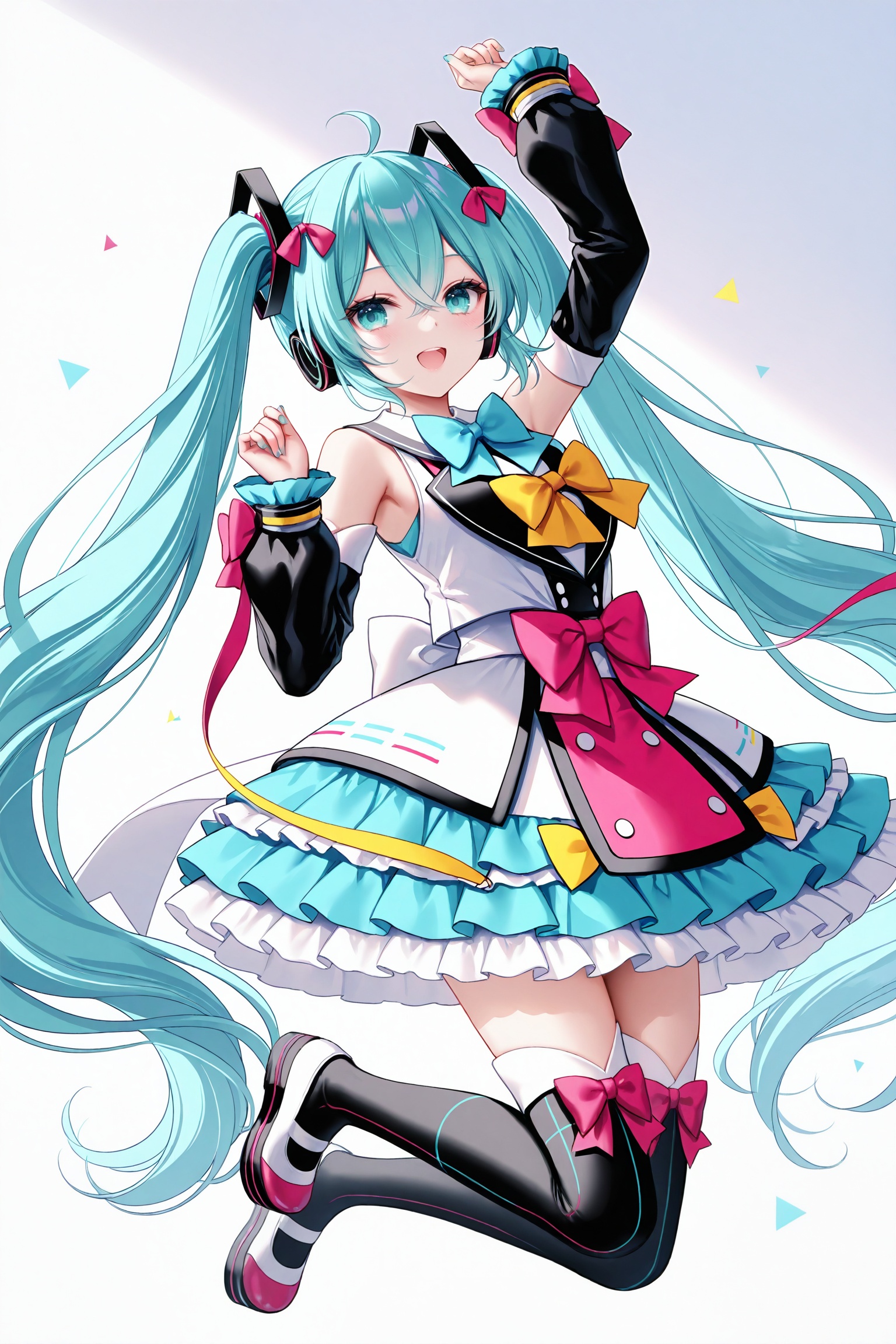 masterpiece,best quality,newest,absurdres,highres,soft shadows,photorealistic,(chen bin:0.5),(hiten \(hitenkei\):0.4),(rimuu:0.5),(mignon:0.5),(sheya:0.6),<lora:MMM2018XLNAI:1>,magical mirai miku \(2018\),black sleeves,ribbon,bowtie,headphones,uwabaki,hair ornament,detached sleeves,multicolored dress,frilled dress,blue bow,bow legwear,platform footwear,full body,jumping,legs up,