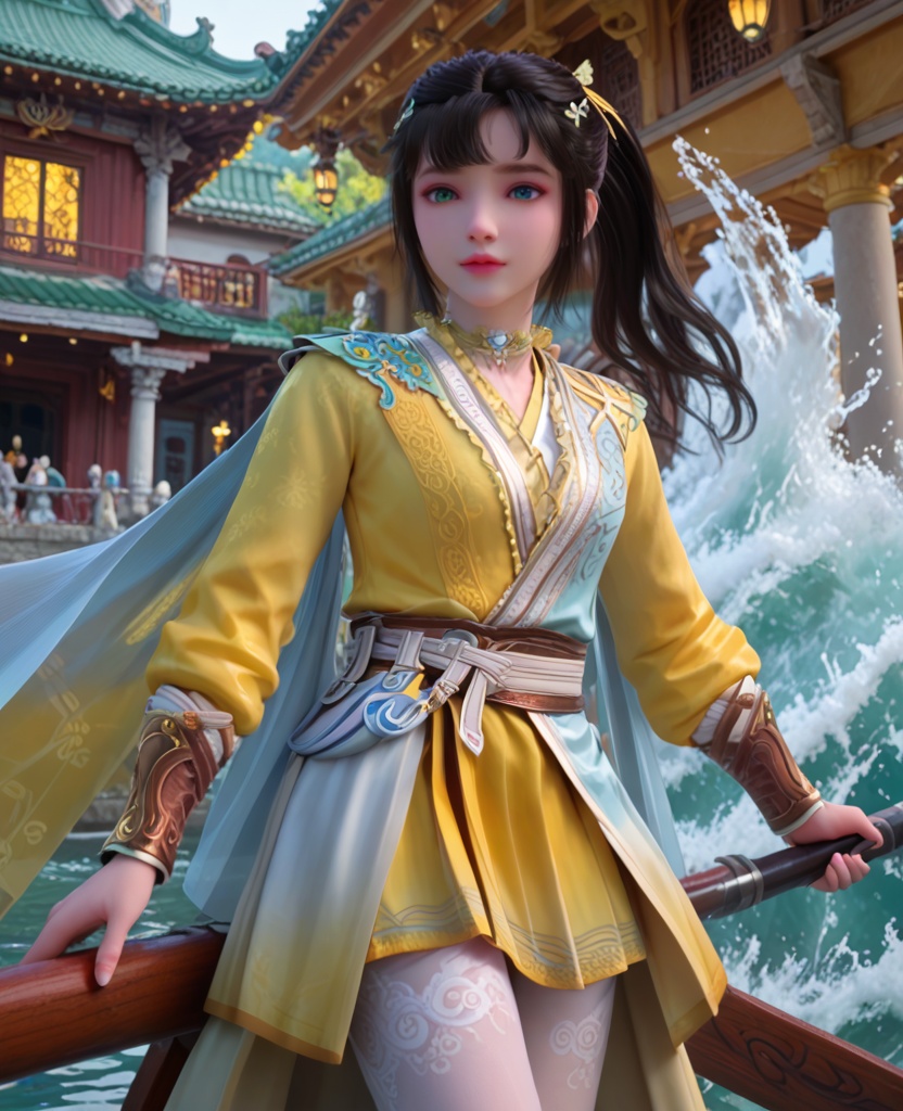 (oriental architecture, elegant decor, sophisticated style:1.1),(paddleboarding,huge waves:1.1),(breasts:1.2),<lora:XL少年歌行司空千落:0.95>,miss sikongqianluo,azure tunic outerwea with yellower top underneath,gradient colored overskirt with yellow pleated skirt underneath,white print thighhighs,black hair,hair ornament,heterochromia,choker,bangs,cape,belt,lips,leather wristband,, score_9,score_8_up,score_7_up,score_6_up,score_5_up,score_4_up,3d rendering,tag1,tag2, Cinematic Lighting,backlighting,
