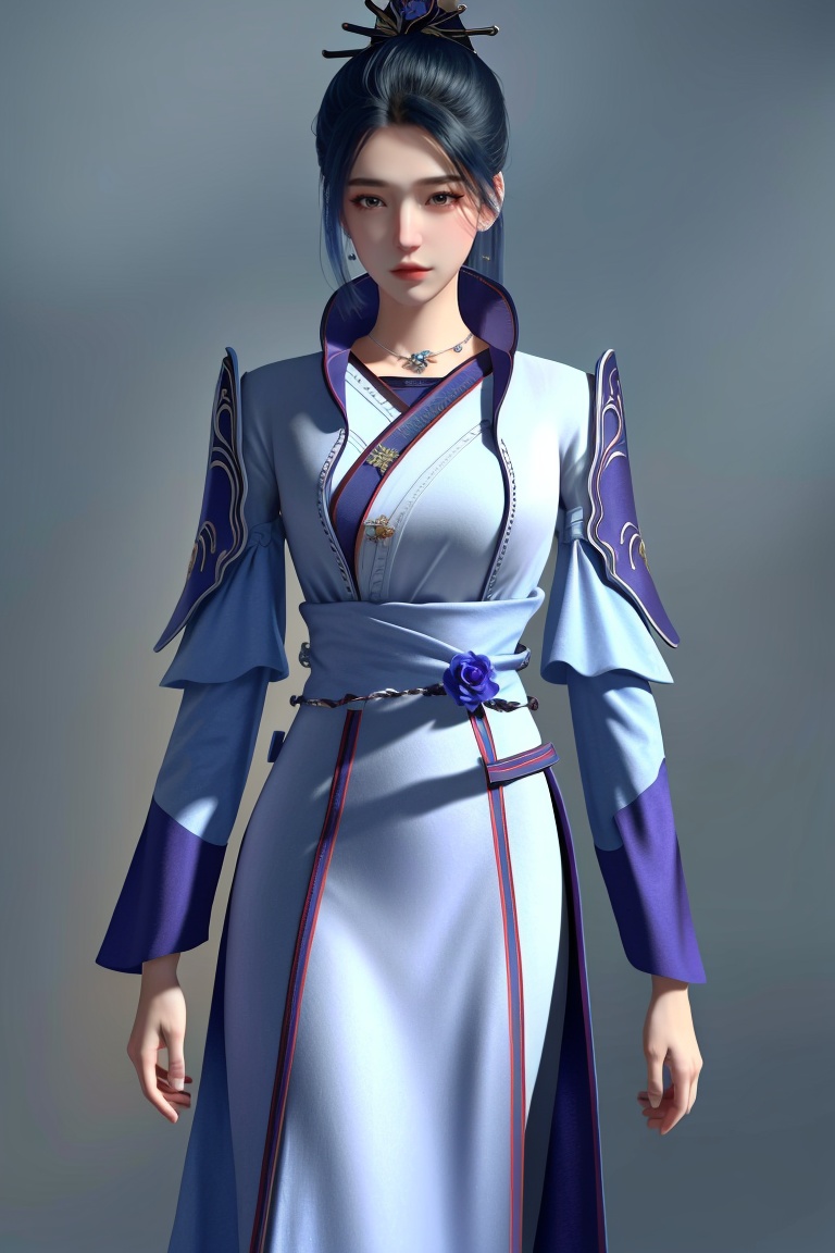 ((HRD, HUD, 8K)),((masterpiece, best quality)), highly detailed, (perfect anatomy:1.2),1girl, solo, jewelry, nose, brown eyes, lips, blue hair, brown hair, eyelashes, dress, chinese clothes, long sleeves, wide sleeves,grey background, simple background, (cowboy shot), standing, looking at viewer, <lora:NGXE:0.83>