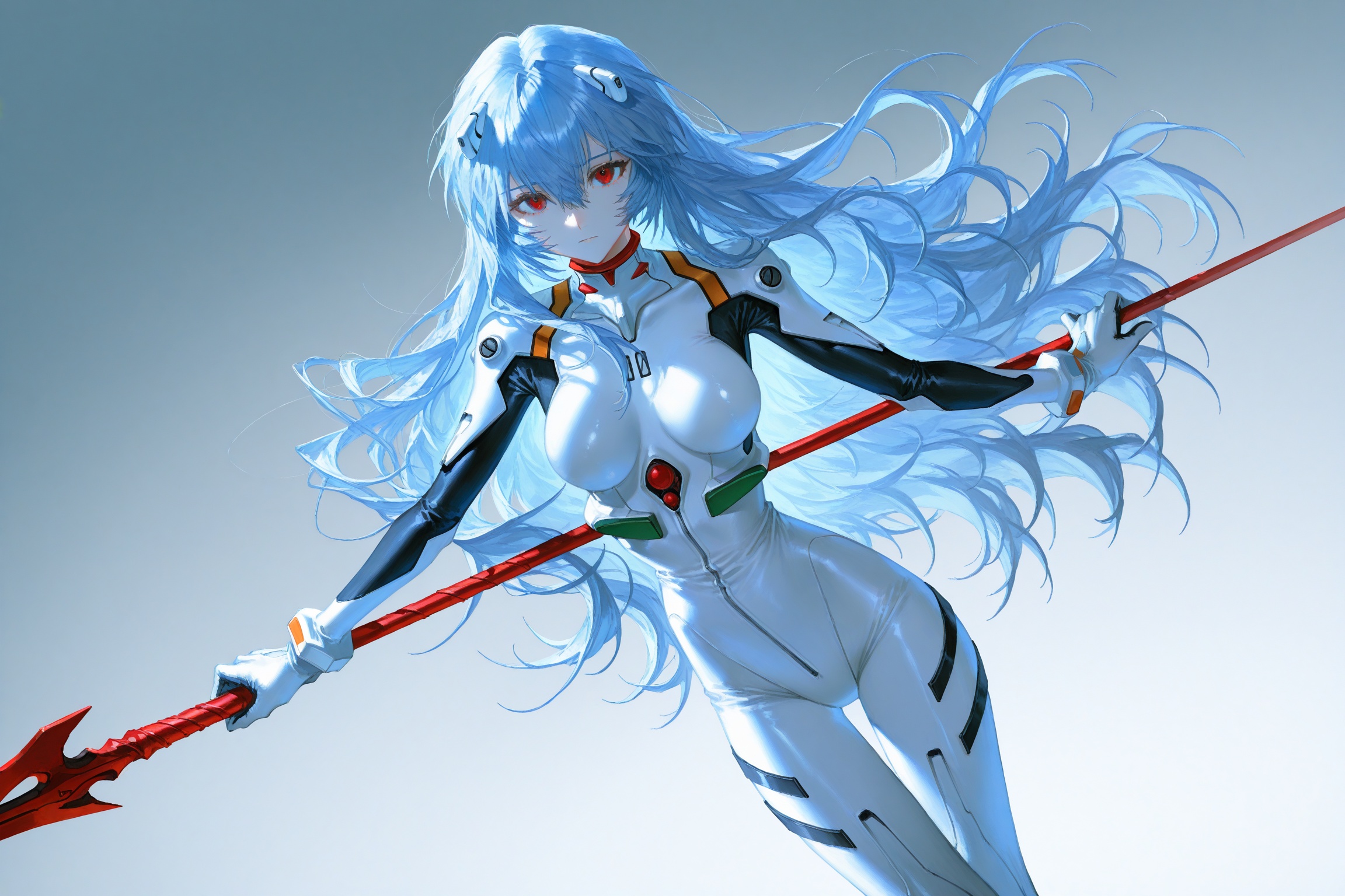 (artist:quasarcake:0.3),1girl,plugsuit,solo,long hair,ayanami rei,white bodysuit,red eyes,breasts,blue hair,bodysuit,holding,looking at viewer,weapon,interface headset,medium breasts,hair between eyes,polearm,alternate hair length,cowboy shot,skin tight,floating hair,gradient,holding weapon,gradient background,alternate hairstyle,bangs,holding polearm,standing,very long hair,breasts apart,extreme aesthetic,(quasarcake:0.7),masterpiece,best quality,good quality,newest,year 2024,year 2023,very aesthetic,absurdres,Visual impact,A shot with tension,(Visual impact:1.2),dutch angle,