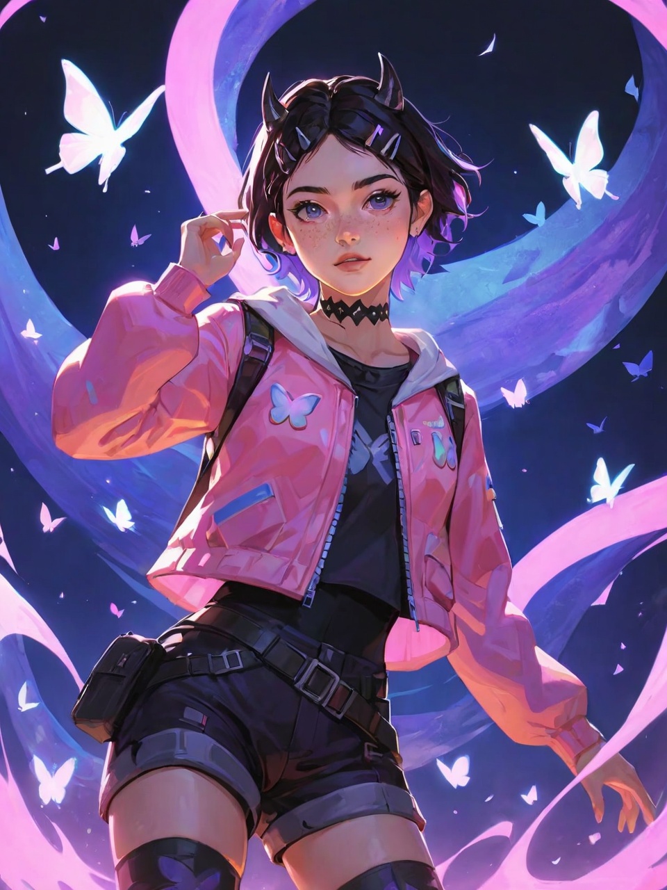 Clove,this is a digital painting with a vibrant,dreamlike quality,showcasing a young woman. she has short,dark hair with a purple streak,and her skin is fair with a light dusting of freckles,dark hair with two small black horns protruding from her head. she wears a pink cropped jacket with a white inner lining,a black choker,and a belt with pouches. her outfit includes black shorts and thigh-high stockings. the background is a swirling mix of orange,purple,and blue hues,with glowing butterflies and a radiant sun-like light behind her. there are delicate,translucent butterflies scattered throughout the image,adding a touch of whimsy. the scene appears to be set in a surreal,otherworldly landscape,with indistinct,jagged structures in the distance.the background is dark,almost black,with neon blue butterflies scattered around,adding a whimsical,magical element to the scene.,looking_at_viewer,real,ray tracing,ultra sharp,ultra high resolution,(masterpiece),(best quality),super detailed,extremely delicate and beautiful,exquisite facial features,super delicate face,cinematic light,detailed environment,ultra realistic details,facing camera,finely detailed features,cinematic lighting effects,photoreal,32k uhd,cinematic lighting effects,