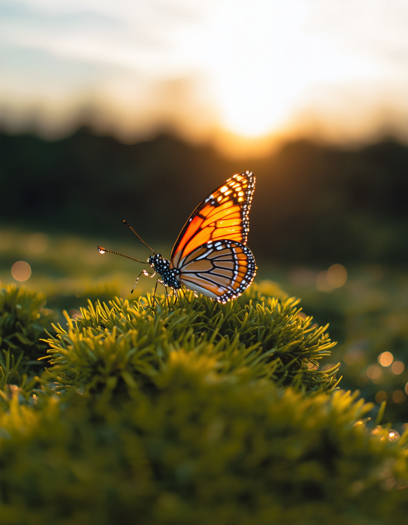 ultra-detailed,  extremely vibrant butterfly with dew on a moss,  glowing under the soft morning light of a sunrise in the...