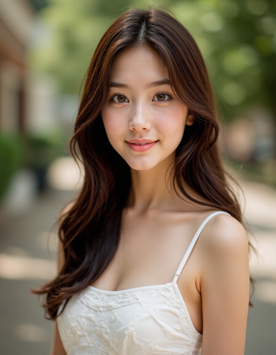 HDR photo, High dynamic range, vivid, rich details, clear shadows and highlights, realistic, intense, enhanced contrast, highly detailed, outdoors, 1girl, solo, realistic, brown hair, looking at viewer, dress, long hair, smile, white dress, brown eyes, photorealistic, blurry background, upper body, lips, blurry, sleeveless, breasts