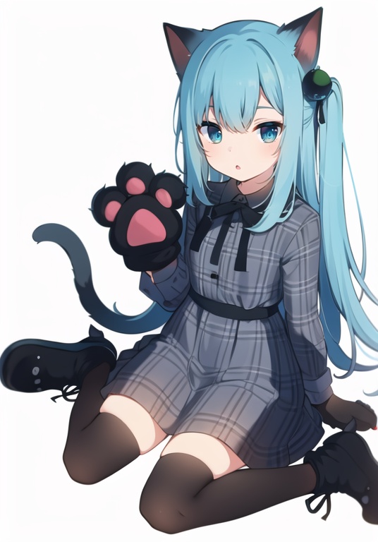 (best quality), ((masterpiece)), (highres), illustration, original, extremely detailed wallpaper.  <lora:cutegirl-000008:0.7>1girl, solo, animal hands, cat ears, paw gloves, animal ears, blue hair, cat tail, white background, blue eyes, long hair, long sleeves, cat girl, tail, dress, gloves, hair ornament, wariza, bangs, sitting, simple background, looking at viewer, black footwear, grey dress, shoes, very long hair, plaid, blush, hand up, paw shoes, parted lips, plaid dress, hairclip, cat paws, collared dress, hair between eyes, bow, :o, fang, black ribbon, ribbon, full body