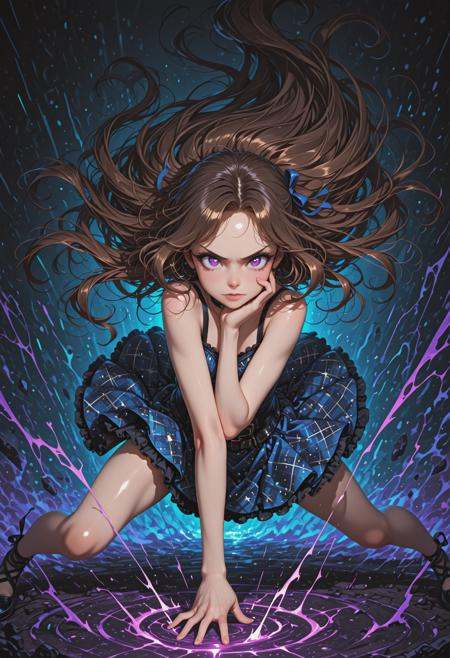 lazypos, dynamic pose, magenta-haze, violet-blue-(crayola), vignetting, spot color, kasumi yozora, aikatsu! \(series\), 1girl, purple eyes, brown hair, very long hair, long hair, takahe,