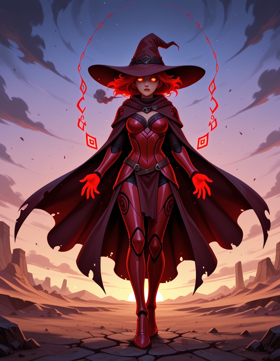 a powerful crimson witch standing on a cracked desert floor,  red glowing runes floating around her hands,  tattered cloak...