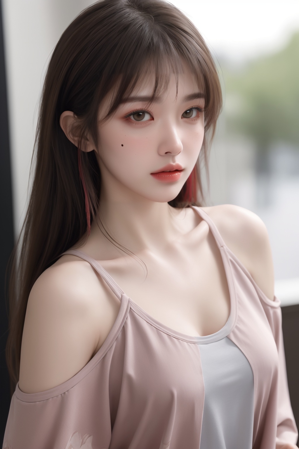 1girl, bangs, bare shoulders, blurry, blurry background, clothes writing, depth of field, floral print, jacket, lips, long hair, looking at viewer, mole, mole under eye, multicolored hair, off shoulder, open clothes, print shirt, shirt, solo, **** top, two-tone hair, upper body ,breasts, <lora:完美世界美女—清漪_1.0:0.66>