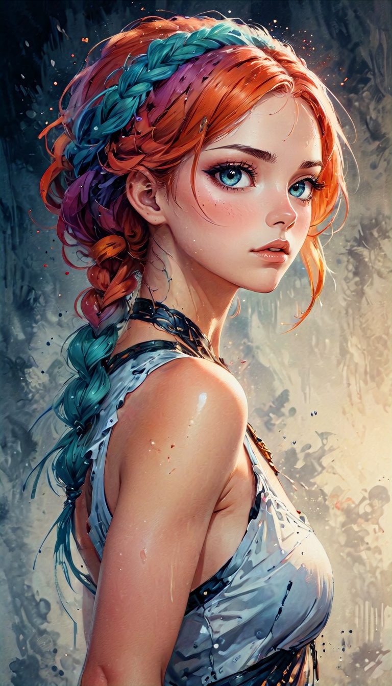 a woman with colored braided hair,  painting style karol bak uhd,  beautiful fantasy artistic drip on Tensor.Art