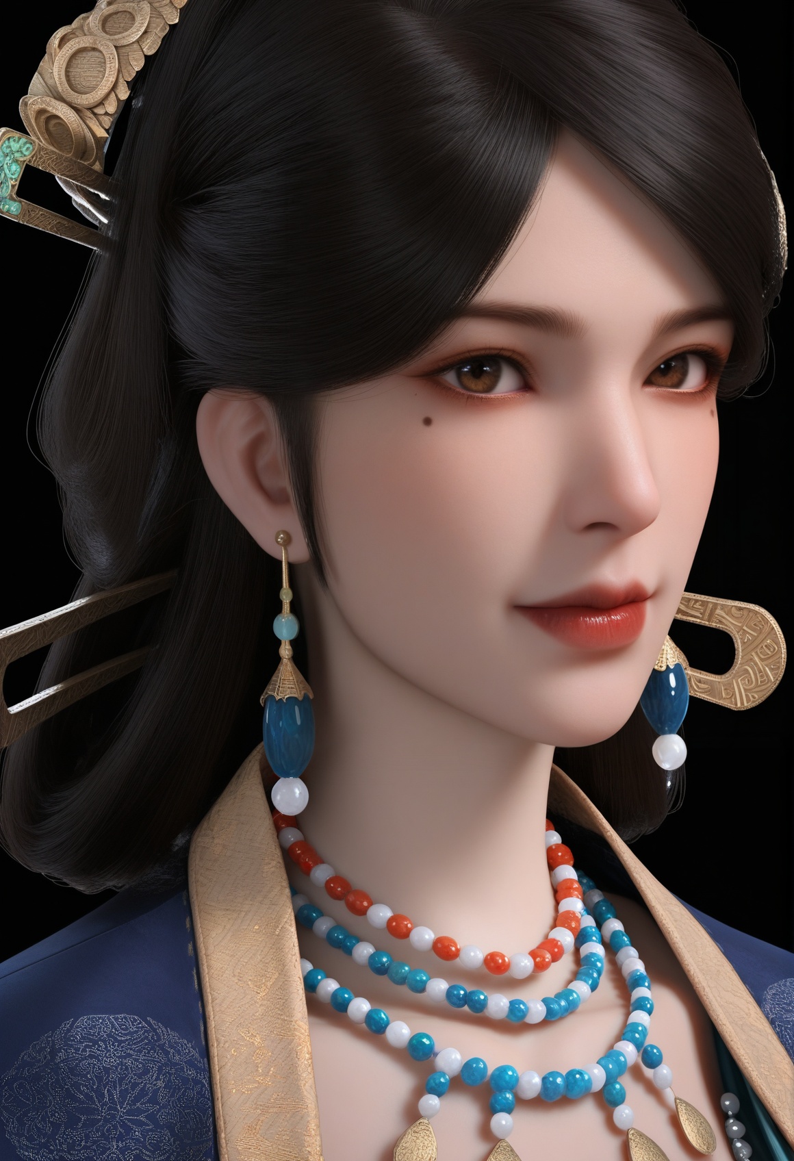 (score_9),portrait,(close-up),solo focus,(eye focus),<lora:温洛玉-apony:0.83>,wengluoyu,solo,1girl,brown eyes,hair stick,black hair,earrings,hair ornament,updo,hair stick,mole under eye,mole,beads,bead necklace,mature_female,BREAK<lora:Expressive_H-000001:0.8>,light blush,Expressiveh,looking at viewer,seductive_smile,fair_skin,(pale skin),ultra-detailed skin texture,detailed textures,BREAKsimple background,black background,<lora:e色温:0.25>,4K ultra HD,sharp focus,high detail,high contrast,