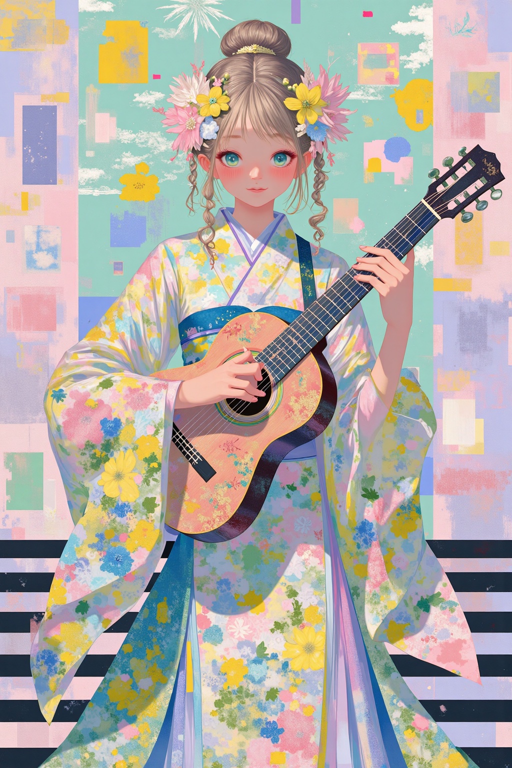 beijihui,An abstract painting of a woman in a kimono, holding a guitar in her hands. The woman's dress is adorned with flowers in a variety of colors, including pink, yellow, green, blue, and purple. Her hair is tied up in a bun, and she has a wreath on her head. Her eyes are a piercing blue. The background is a mix of pink, purple, and green, and there are black lines running across the bottom of the frame.