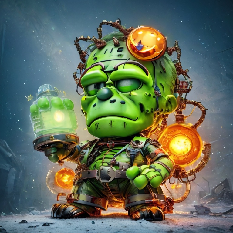 arttoy,<lora:arttoy-000006:1>、masterpiece,best quality,masterpiece,and textures with precision.:1.5),Frankenstein's monster,light skin,In the style of Paranormal,dilapidated gas station,Chilling rattling chains,(Frown:1.5) looking at viewer,