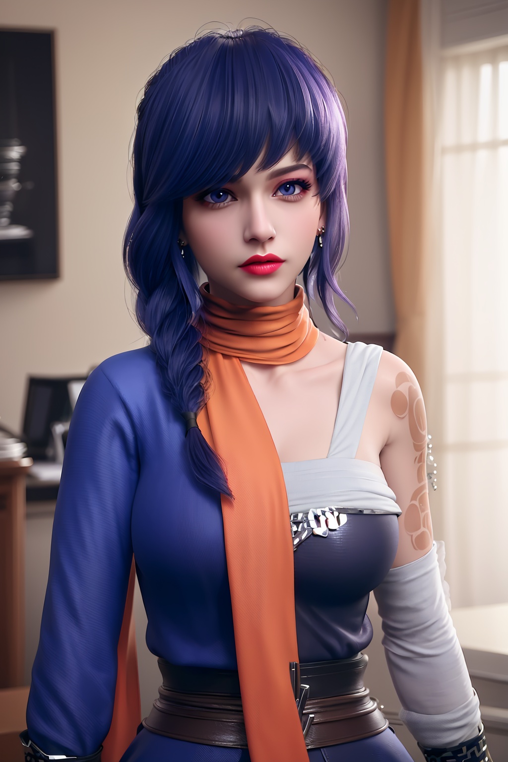 3D,masterpiece,(best quality),(makeup),official art, extremely detailed cg 8k wallpaper,((crystalstexture skin)), (extremely delicate and beautiful),(highly detailed),(face),(collar:1.000),(braid),(tattoo),(scarf),(closed_mouth),(1girl), (solo), (jewelry), (earrings),(blue_hair),(long_hair),(hair_ornament),(handwear),(breasts),(upper_body),(dress),(shiny_clothes),(city,indoor),,((looking_at_viewer)),((Facing the camera)),, <lora:hipoly3DModelLora_v10:0.3>