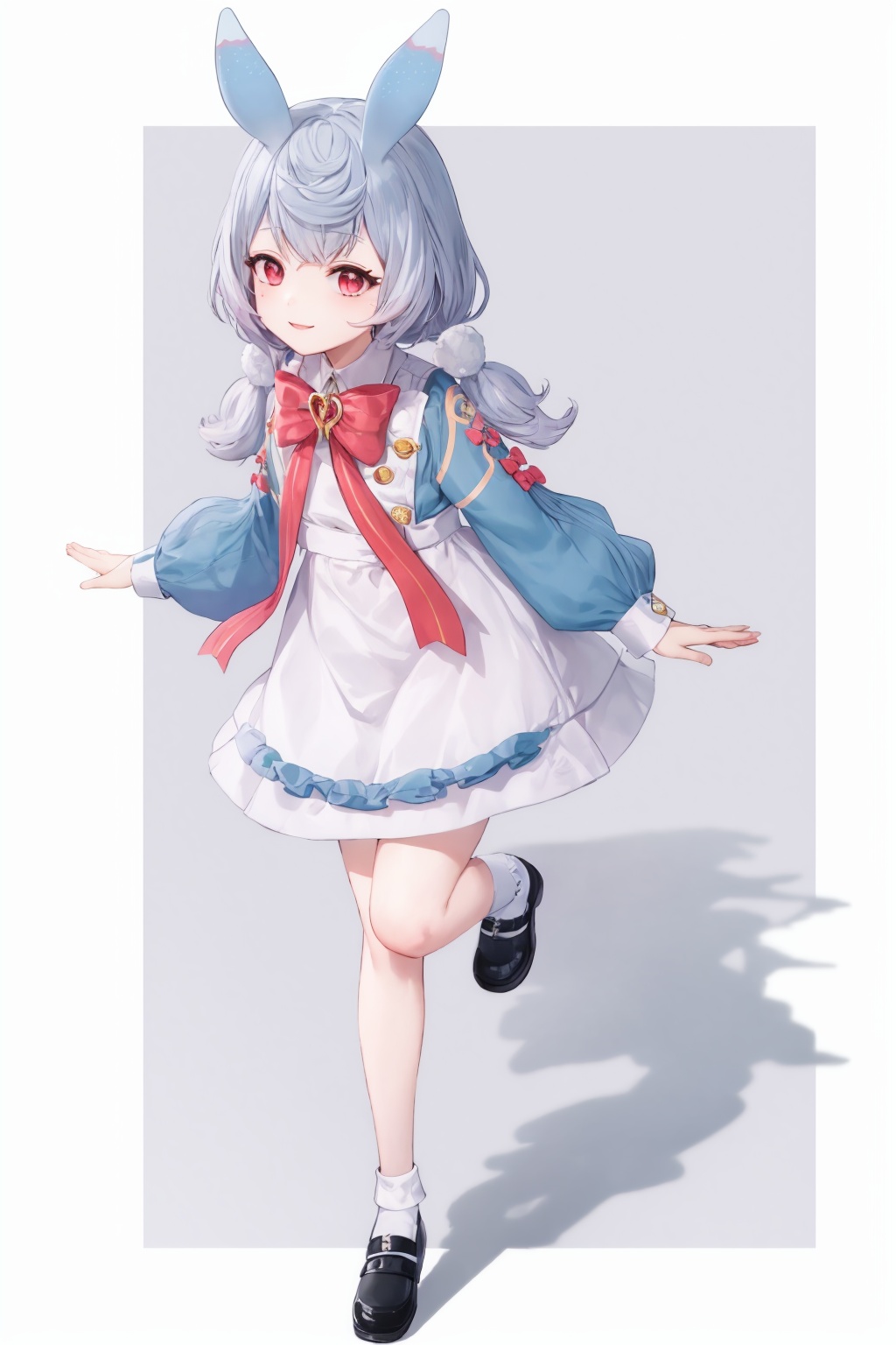masterpiece, best quality, <lora:sigewinne-v2:1>, 1girl, solo, animal ears, red eyes, blue footwear, dress, rabbit ears, white background, smile, white dress, shoes, long sleeves, full body, blue hair, twintails, simple background, socks, bangs, personification, short twintails, frills, looking at viewer, bow, low twintails, puffy sleeves, mary janes, puffy long sleeves, virtual youtuber, standing, standing on one leg