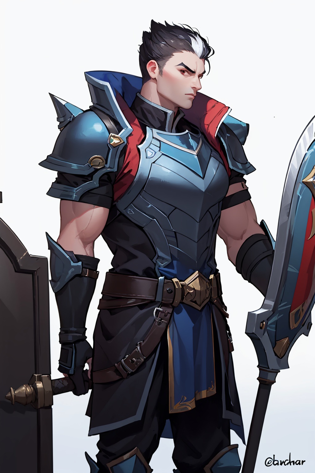 masterpiece,best quality, highly detailed, darius (league of legends), 1boy, male focus, solo, breastplate, pauldrons, white background, looking at viewer, full body, muscular male, cape, holding axe, twitter username, gauntlets, holding weapon, bow, thick eyebrows,<lora:darius_(league_of_legends):1>