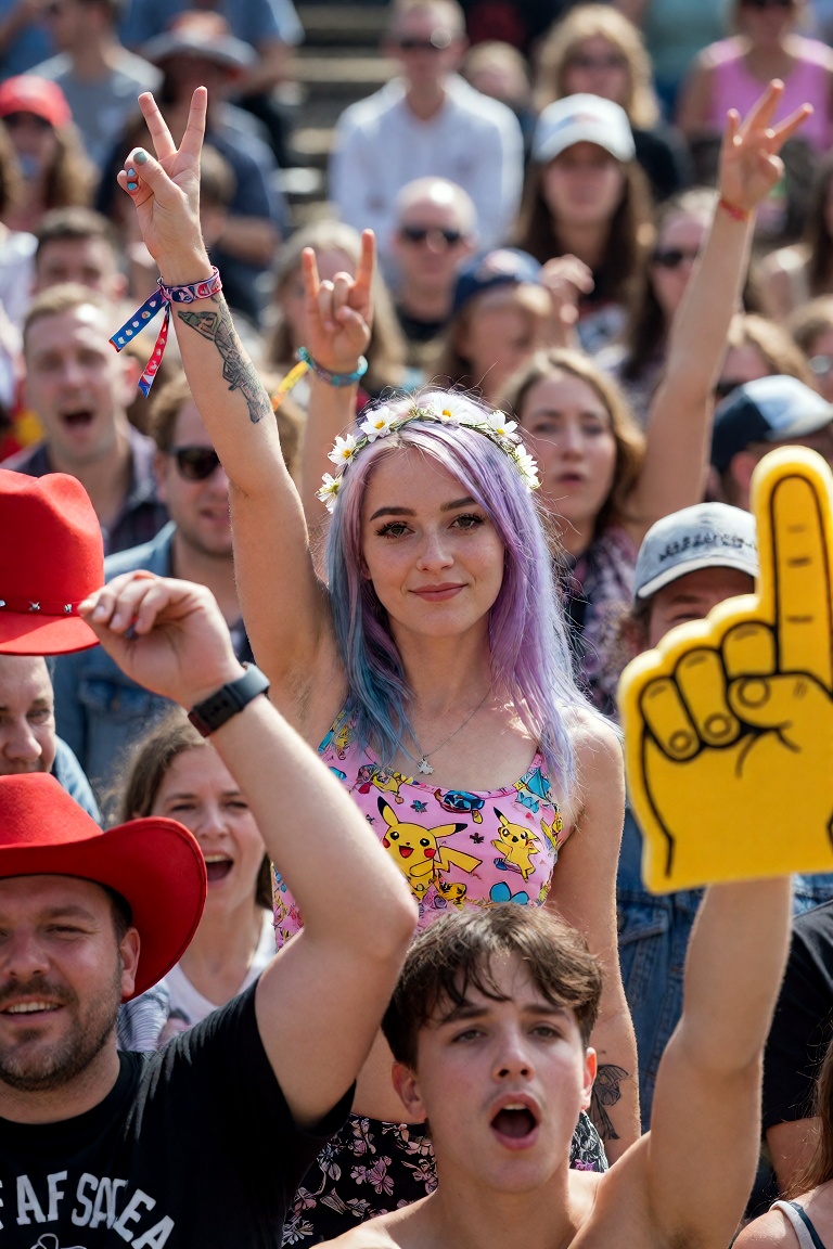 A vibrant festival crowd under bright daylight,  sharply focused on a young Caucasian woman with strikingly dyed purple an...