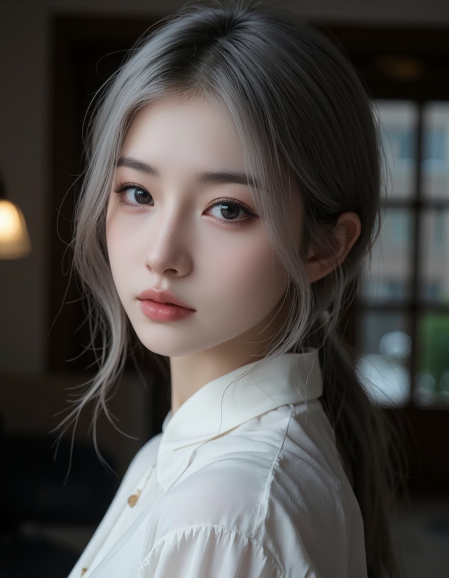 <lora:nan-134-8:0.8>a girl, a 18 y.o girl wearing blouse,(from above:1.1),from side,soft lighting,high resolution,professional grade,RAW photography,evocative composition,Cinematic Lighting,moody lighting,perfect eyes,depth of field,virtual background,eyes focus,the face of an angel She has silver hair,nan