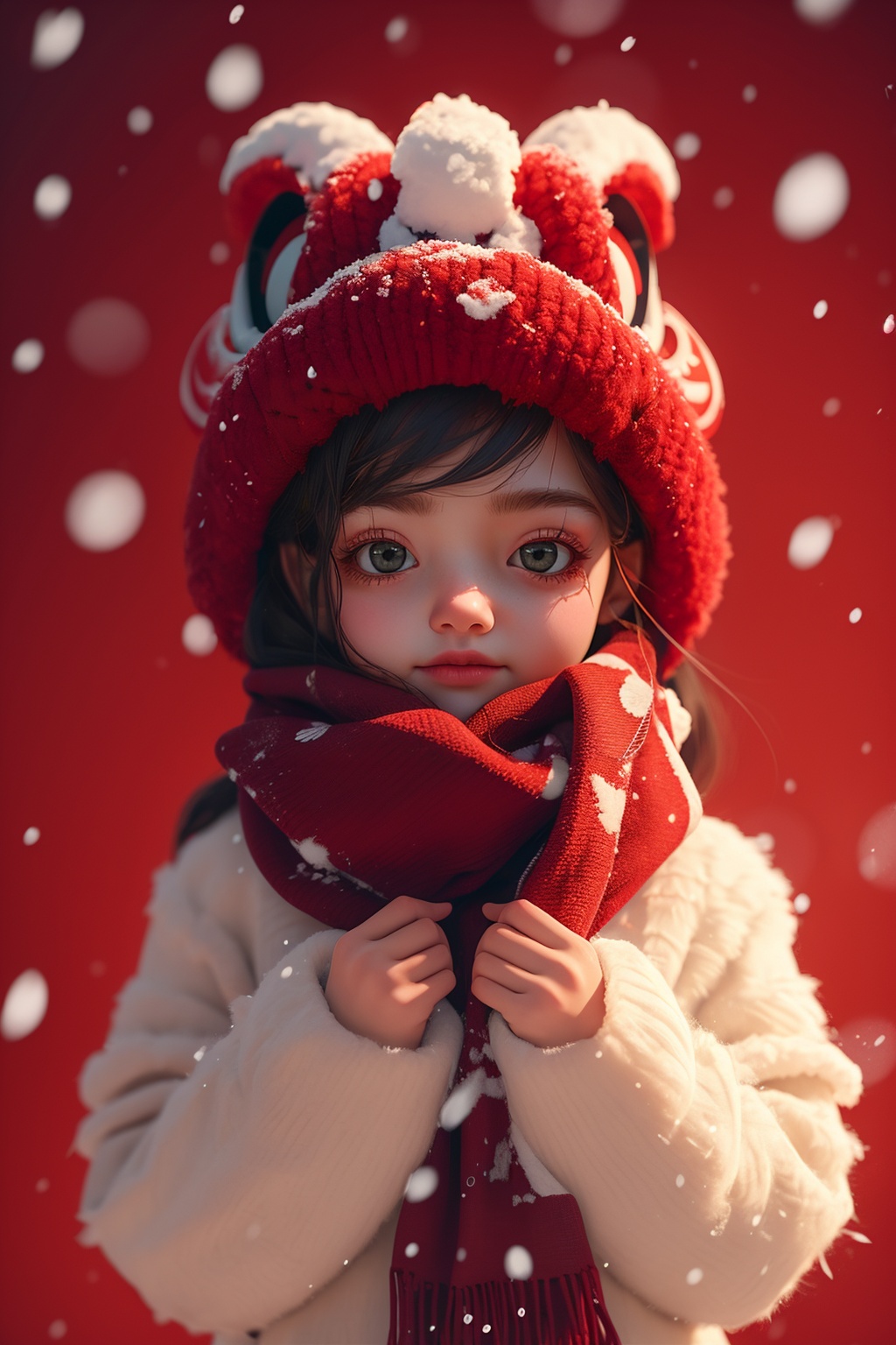 1girl,scarf,red_background,upper body,snow,<lora:麻袋2024-015:0.7>,, masterpiece,best quality,ultra-detailed,