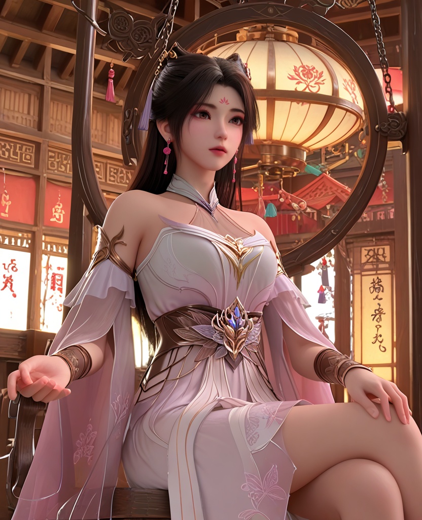 (oriental architecture, elegant decor, sophisticated style:1.1),(Sitting on a swing, looking upward, like a dreamer envisioning the future,:1.1),(breasts:1.2),<lora:XL神墓梦可儿:0.95>,miss mengkeer,pink white dress,brown eyes,black hair,long hair,hair ornament,sash,bracer,detached sleeves,earrings,jewelry,, score_9,score_8_up,score_7_up,score_6_up,score_5_up,score_4_up,3d rendering,tag1,tag2, Cinematic Lighting,backlighting,