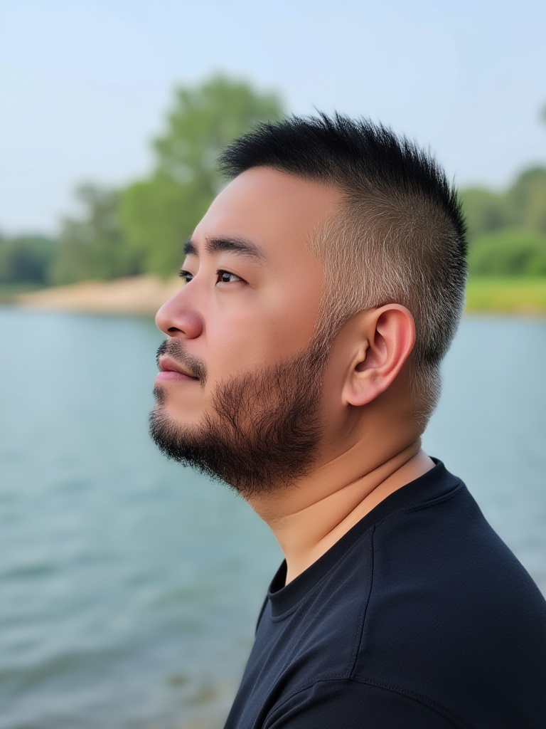 CNBeardModel,A serene moment by a tranquil lake, with nature's beauty in full view.