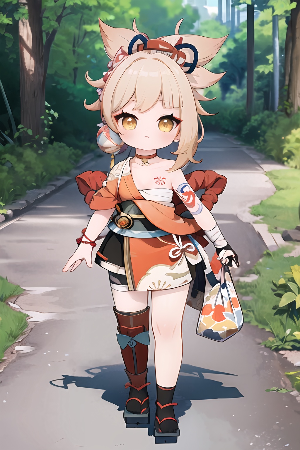 (masterpiece, best quality:1.2),insanely detailed,absurdres,ultra-highres,ultra-detailed,best quality,slender,kawaii,perfect symmetrical face,ultra cute girl,ultra cute face,ultra detailed eyes,ultra cute,ultra beautifu,<lora:Yoimiya-000001:1>,yoimiya \(genshin impact\),hair ornament,hadanugi dousa,yellow eyes,1girl,solo,japanese clothes,kimono,sarashi,bandages,geta,arm tattoo,shimenawa,chest tattoo,sash,red choker,bandaged leg,rope,pouch,bandaged arm,breasts,jewelry,kinchaku,single glove,hair ribbon,asymmetrical legwear,outdoors,standing,nature,