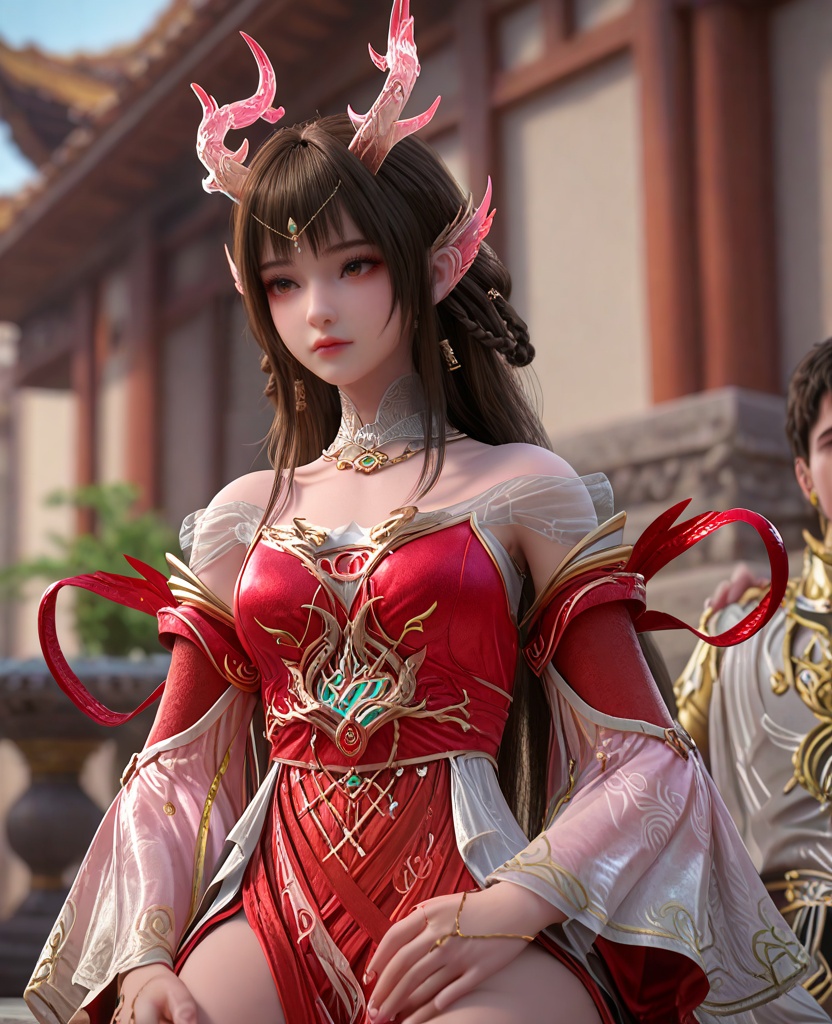 (oriental architecture, elegant decor, sophisticated style:1.1),(Sitting on a window ledge, looking outside,:1.1),(breasts:1.2),<lora:XL百炼成神龙宫云落:0.95>,miss yunluo,brown hair,ong hair,red dress,hair ornament,jewelry,bare shoulders,braid,antlers,brown eyes,earrings,detached sleeves,pointy ears,detached collar,, zPDXL2, score_9, score_8_up, score_7_up BREAK realistic, masterpiece,best quality, highly detailed,, zPDXL3, zPDXL2,zPDXL, zPDXLxxx, zPDXLrl,