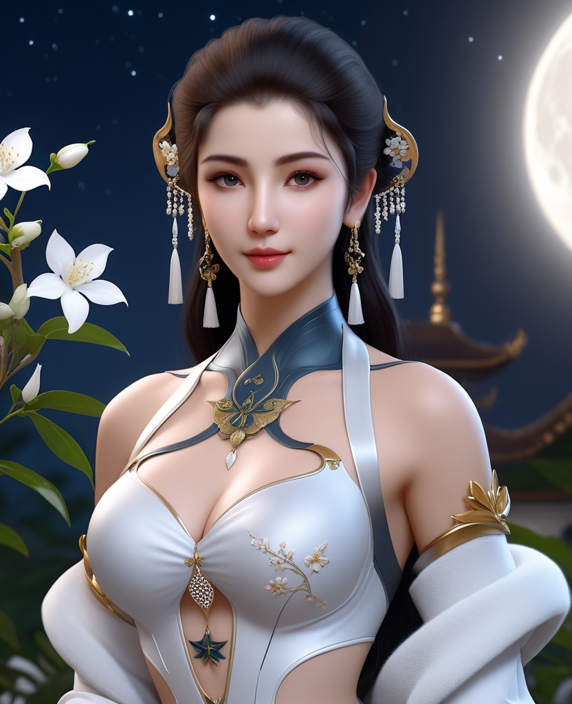 <lora:588-DA-XL-梦塔·雪谜城-白亦君:0.8>(,1girl, ,best quality, ),looking at viewer,  ,,ultra detailed background,ultra detailed background,ultra realistic 8k cg, ,masterpiece, (( , )),, realistic,science fiction,mole, ultra realistic 8k cg, ,     ,crescent moon, jasmine \(flower\),     (cleavage), (),