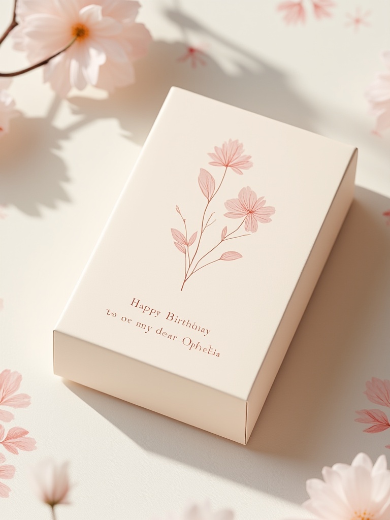 miluo_bzqx, The image is a photograph showcasing a small, rectangular, beige gift box with a smooth, matte finish. The box is positioned slightly off-center to the left, resting on a soft, light-colored fabric background that has a subtle texture, possibly satin or silk. The fabric background features a delicate floral pattern in soft pink and white hues, adding a touch of elegance and femininity to the scene.The gift box itself is adorned with a minimalist, hand-drawn botanical illustration in a light, almost invisible ink style. The illustration features a single stem with two blossoms, each with five petals, and a few leaves, all rendered in a delicate, fine line that adds a touch of sophistication and simplicity to the box.The text "Happy Birthday to my dear Ophelia" is embossed in a cursive font on the lower portion of the box, just below the botanical illustration. The text is in a matching light beige color, blending seamlessly with the box's color. The overall aesthetic of the image is soft, serene, and romantic, with a focus on delicate details and a pastel color palette. The photograph captures a moment of thoughtful gift-giving, emphasizing elegance and personal touch.<lora:miluo丨包装设计-小清新-flux-1.3:1>