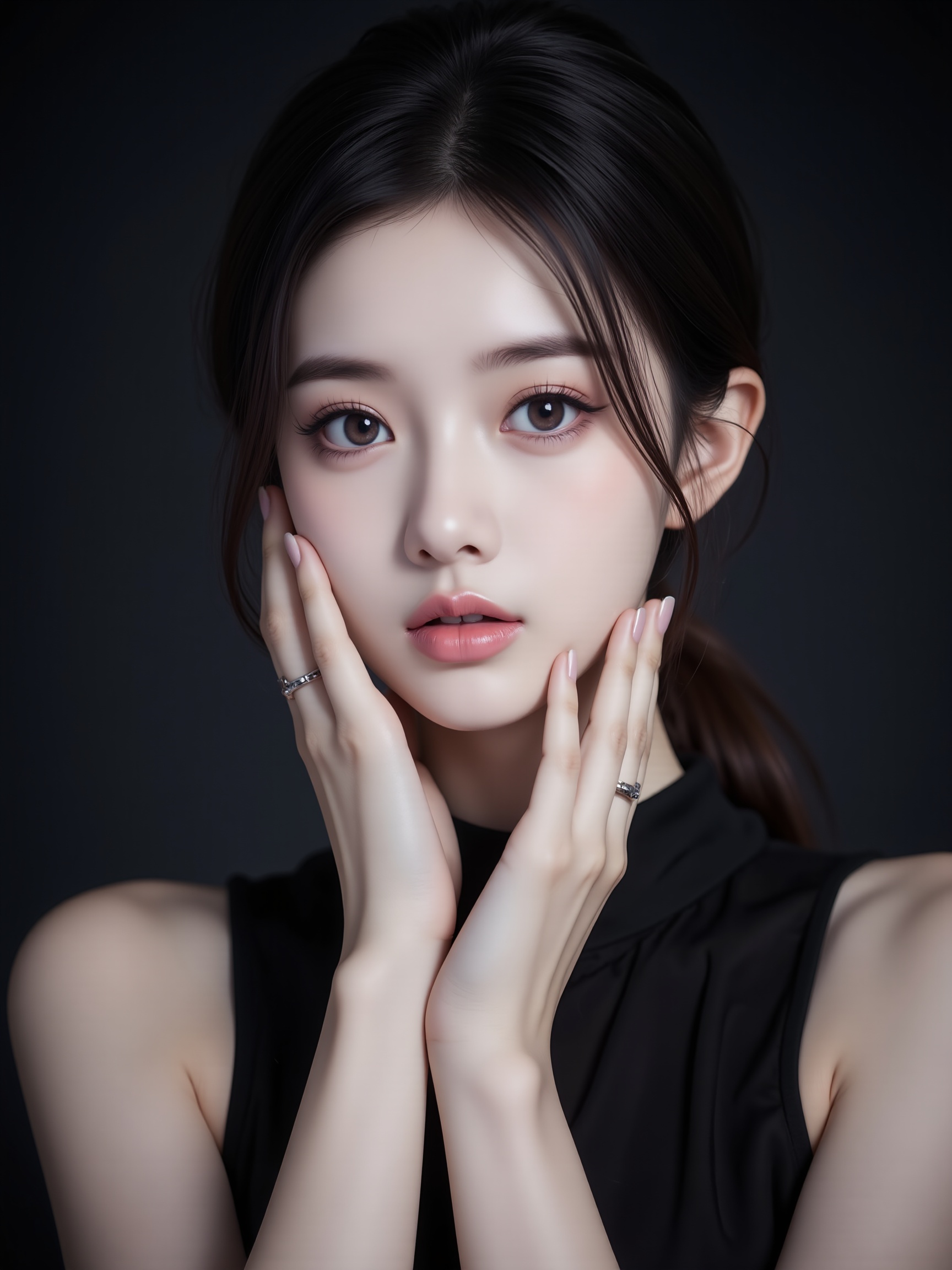 The photograph captures a young Asian woman with fair skin, dark brown hair, and a delicate, oval face. She gazes directly into the camera with a serene expression, her large, almond-shaped brown eyes accentuated by subtle, natural makeup. Her lips are slightly parted, revealing a hint of pink lipstick. Her hair is styled in a loose, low ponytail, with a few strands framing her face. She wears a black, high-necked top that contrasts sharply with her fair skin, adding depth and focus to the image. Her hands are elegantly positioned, with one hand gently touching her forehead and the other resting near her chin, both adorned with a simple silver ring. The lighting is soft and natural, highlighting her smooth, porcelain skin and creating subtle shadows that add depth to her features. The background is a plain, dark gradient that fades into obscurity, ensuring the viewer's full attention remains on the subject. The overall mood is one of calm introspection, with a touch of elegance and simplicity.