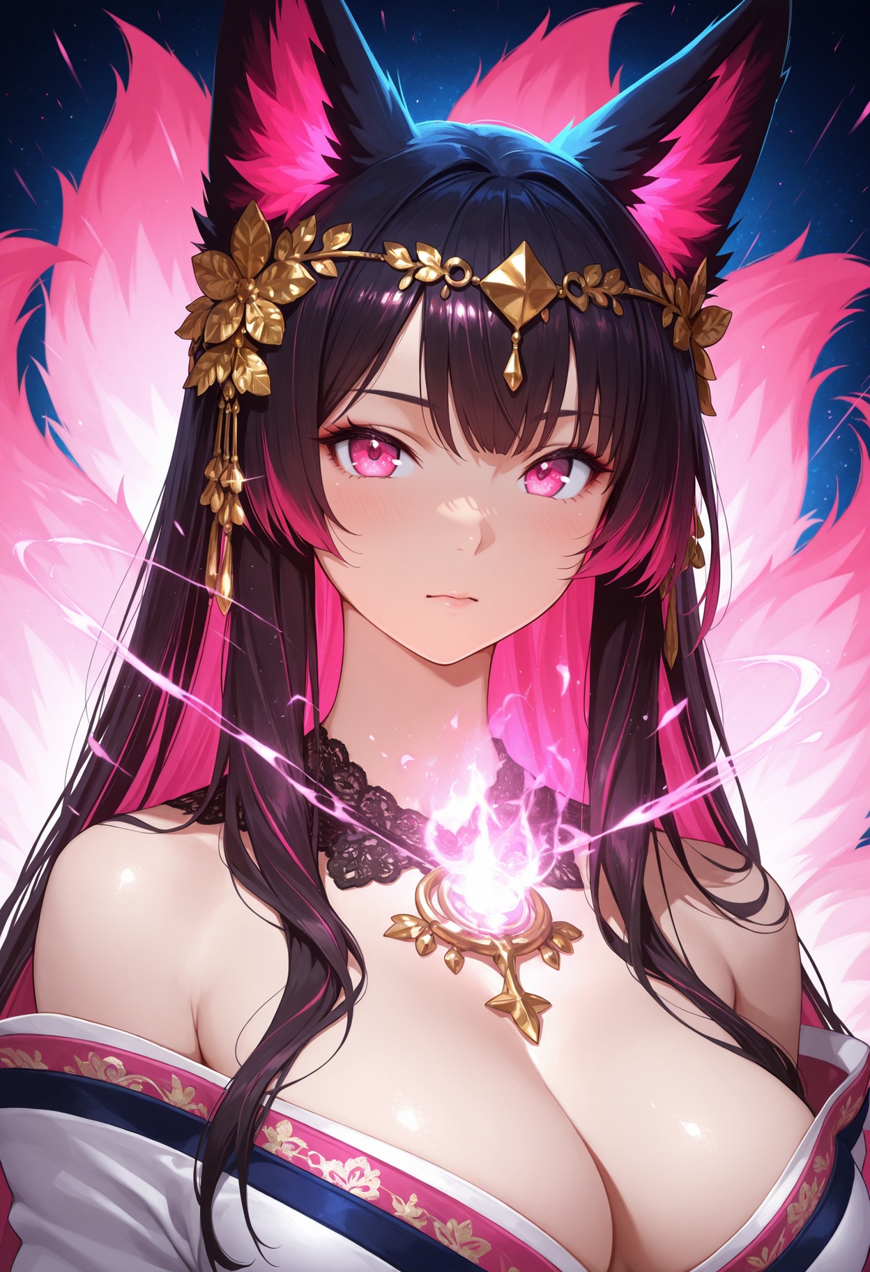 mystical kitsune sorceress,  nine fluffy flowing with ethereal energy,  fox ears adorned with ornate hair ornaments and re...
