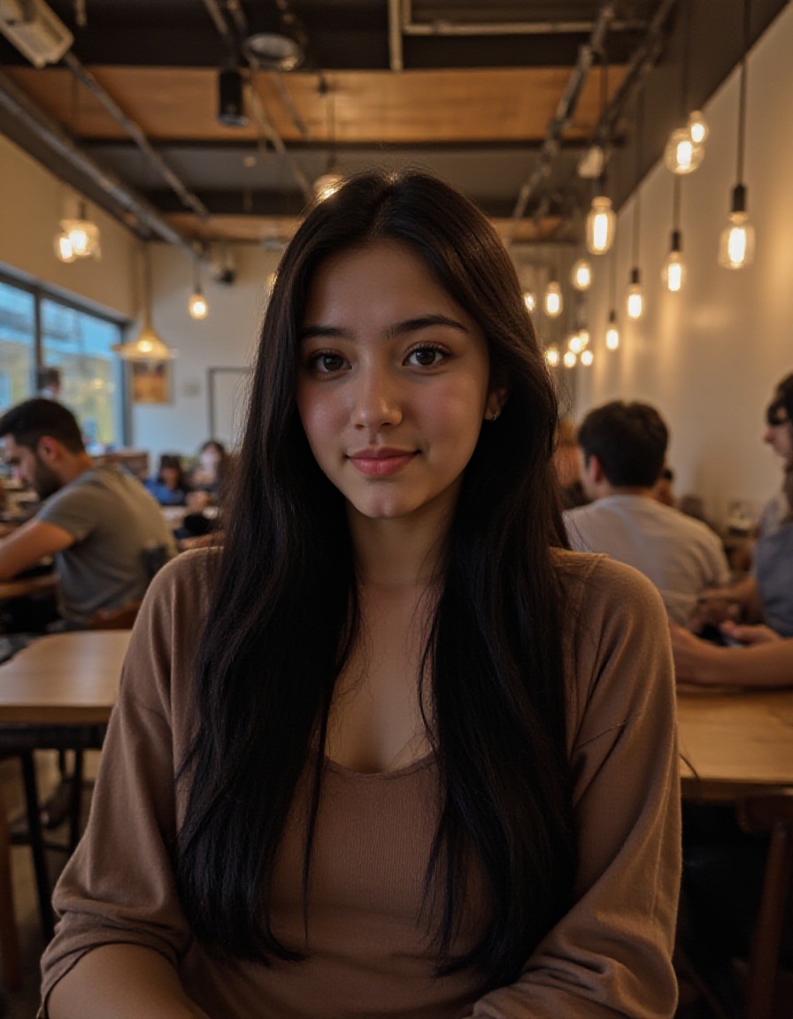 This photograph captures a young woman with long black hair, and a slender physique, seated in a modern, warmly lit restaurant. She wears a long-sleeved clothes. In the background, other patrons, including a man in a shirt, are seated at tables. The decor features contemporary lighting fixtures and a mix of wood and metal accents. The atmosphere is casual yet sophisticated, with a focus on contemporary design and comfort.
