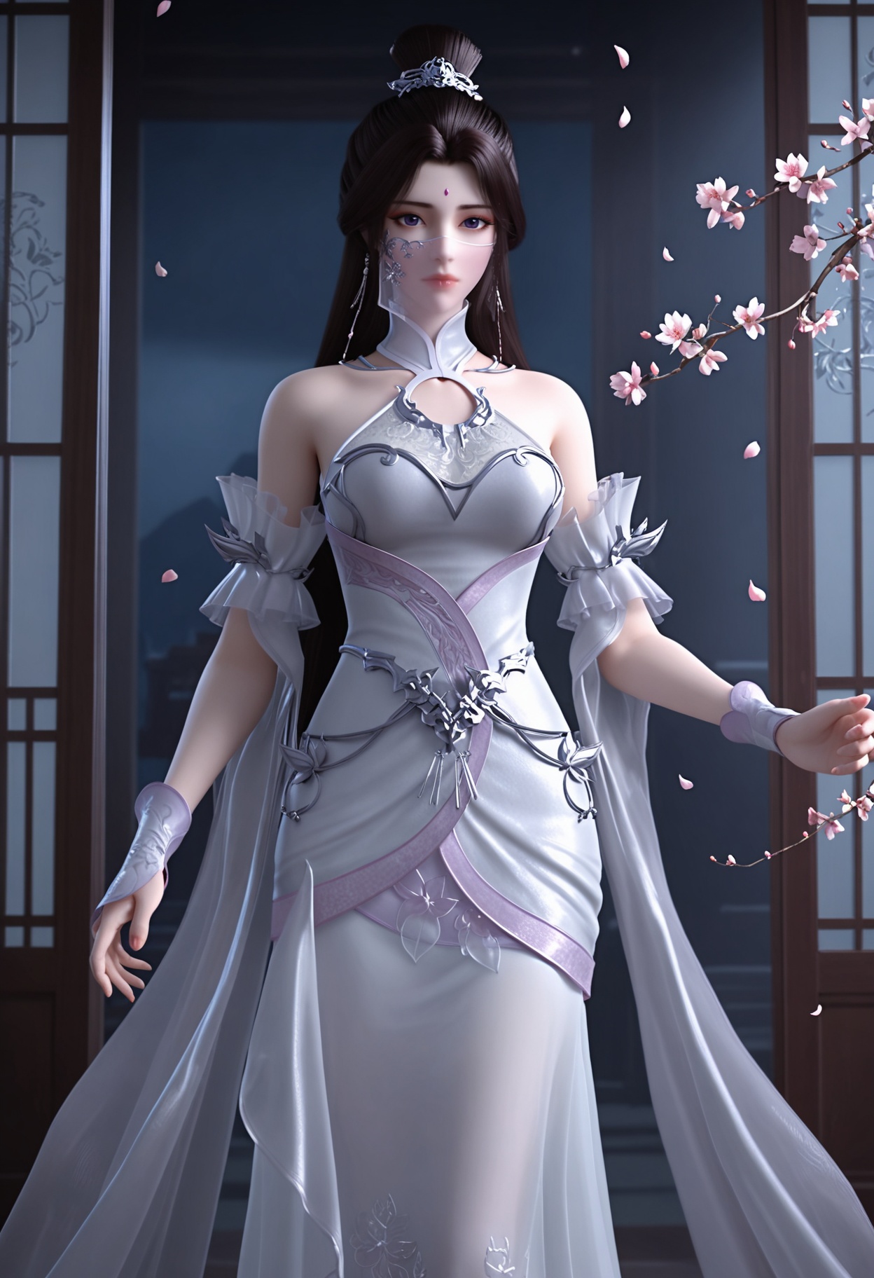 (standing full_body:1.1),(looking at viewer:1.1),masterpiece,(best quality),smog,Dark room,dim lighting,peach blossom,falling petals,<lora:YQ_Illustrious光辉v5_月婵2.0_V2:0.8>,q1528437228,1girl,solo,long hair,white dress,jewelry,earrings,forehead mark,black hair,brown hair,hair ornament,hair bun,mouth veil,detached sleeves,single hair bun,purple eyes,breasts,expressionless,shoes,see-through,